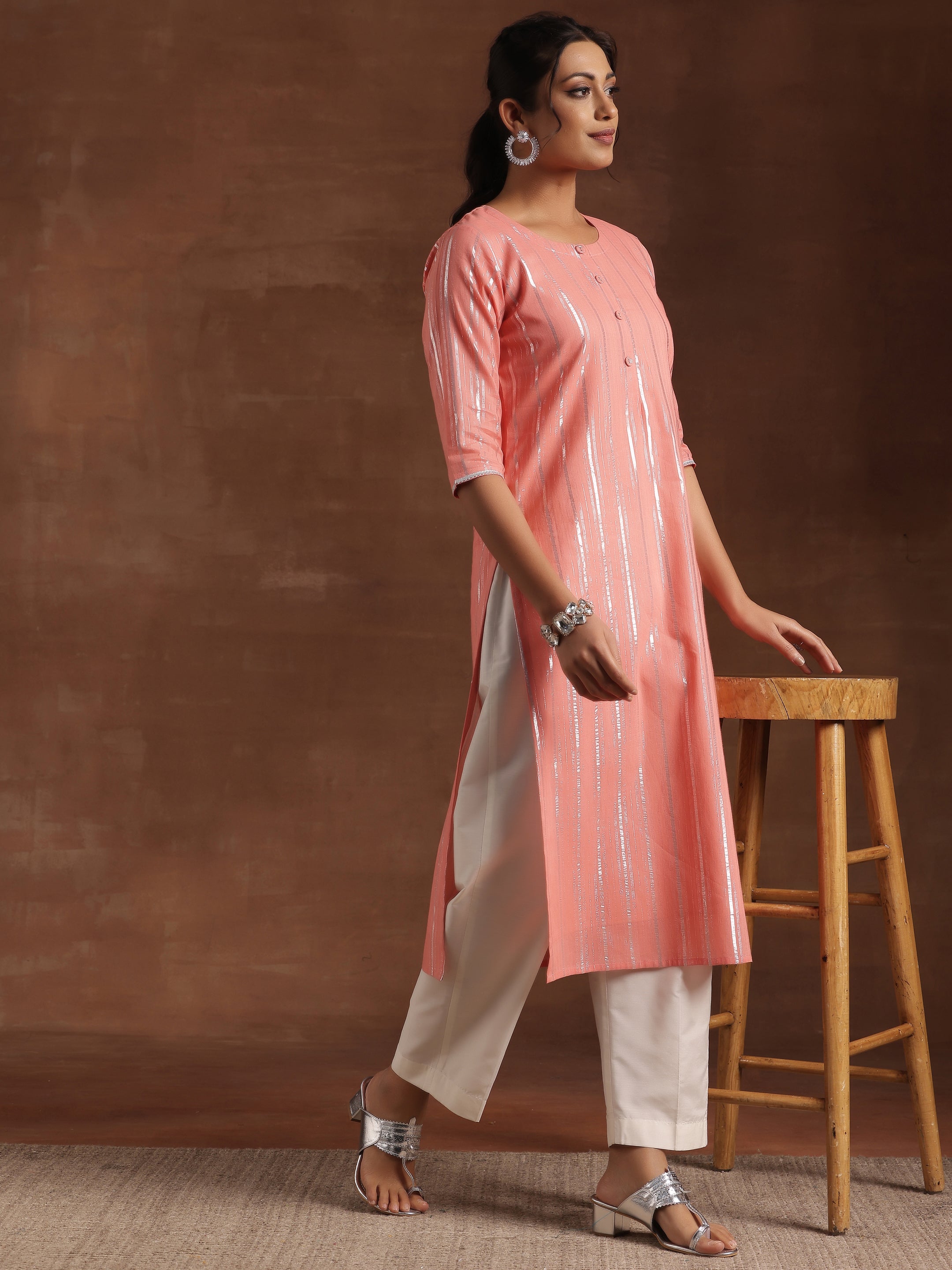 Peach Woven Design Cotton Straight Kurta