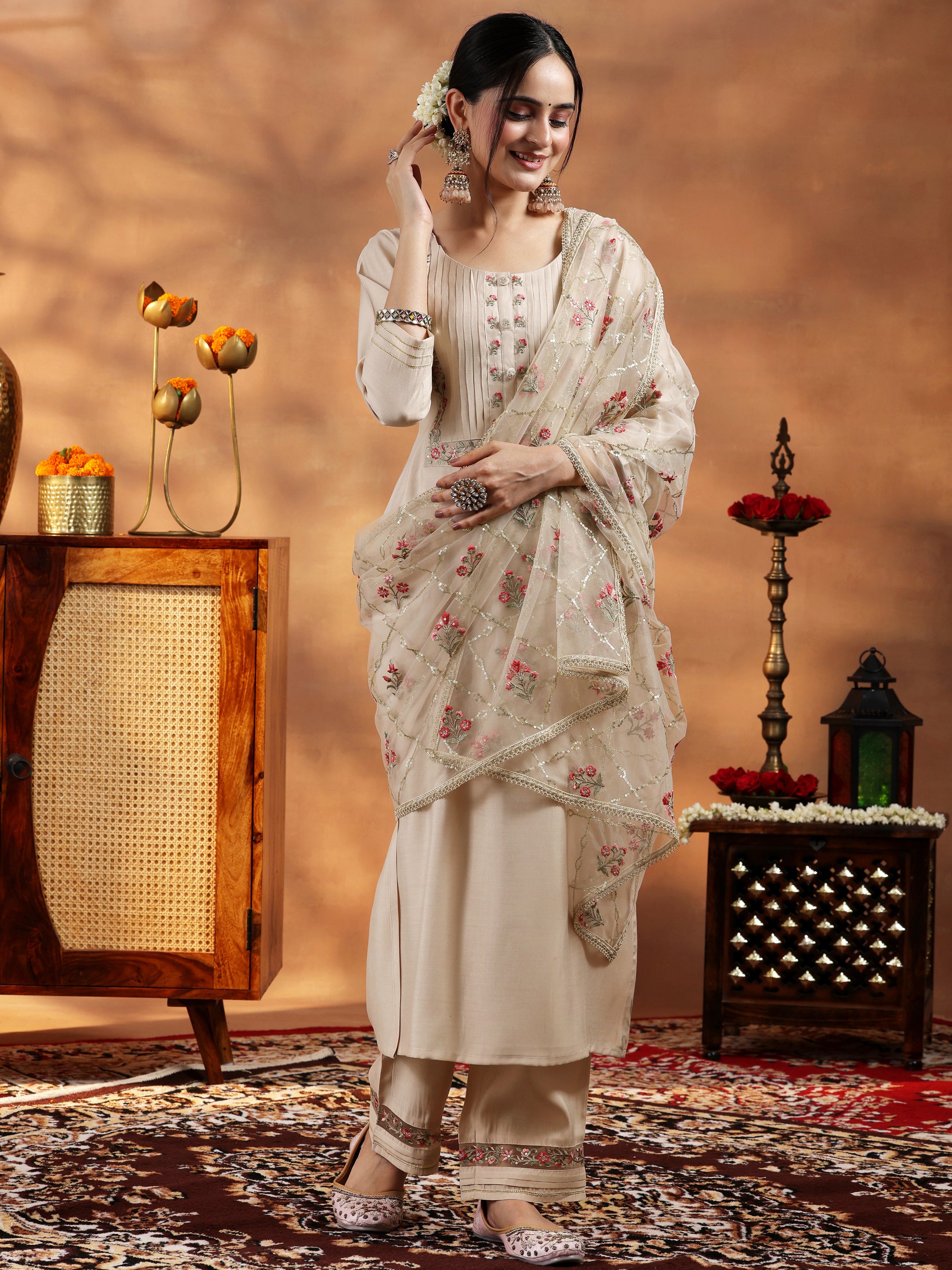 Ivory Yoke Design Silk Blend Straight Suit With Dupatta