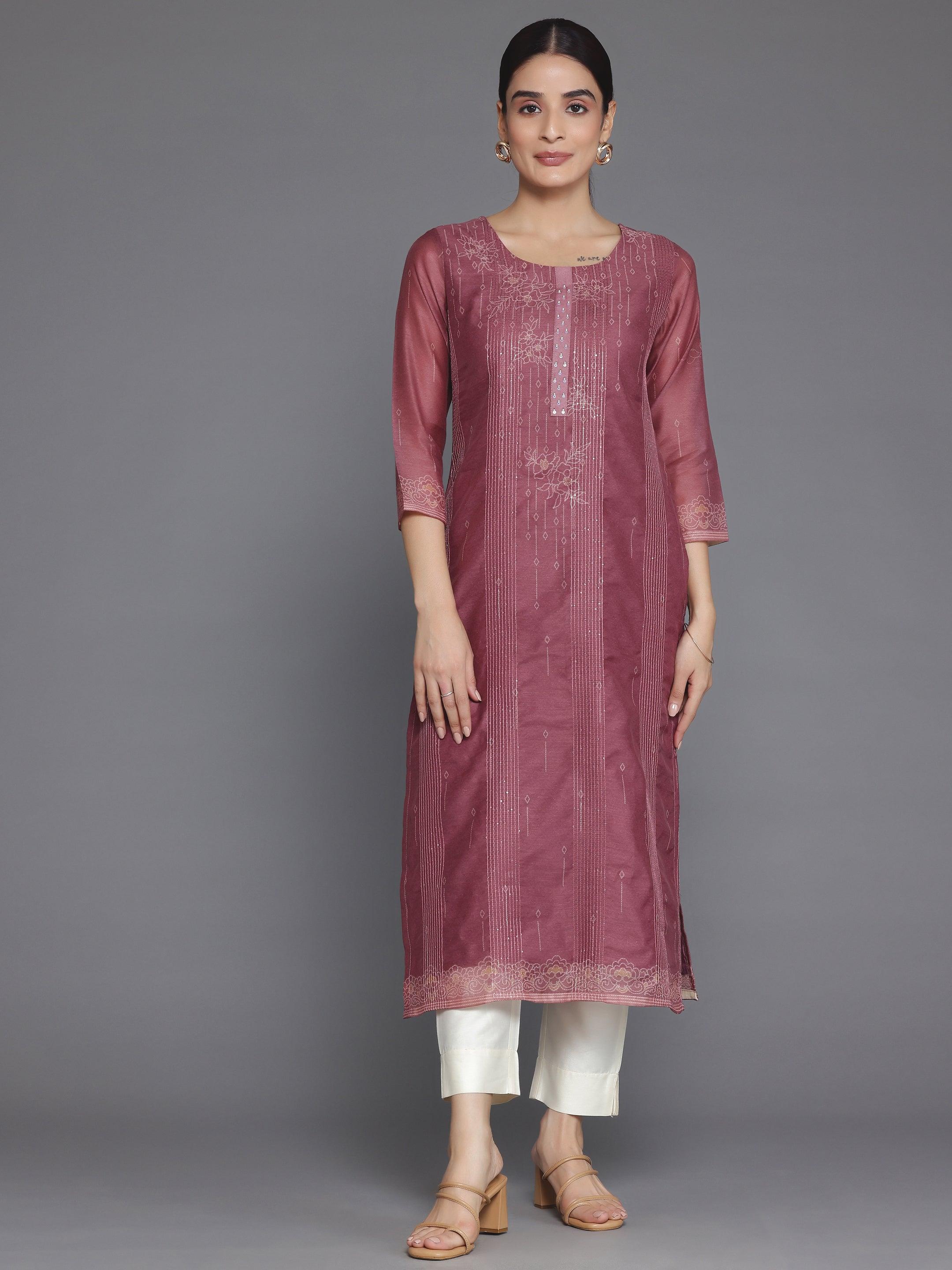 Mauve Embellished Chanderi Silk Straight Kurta