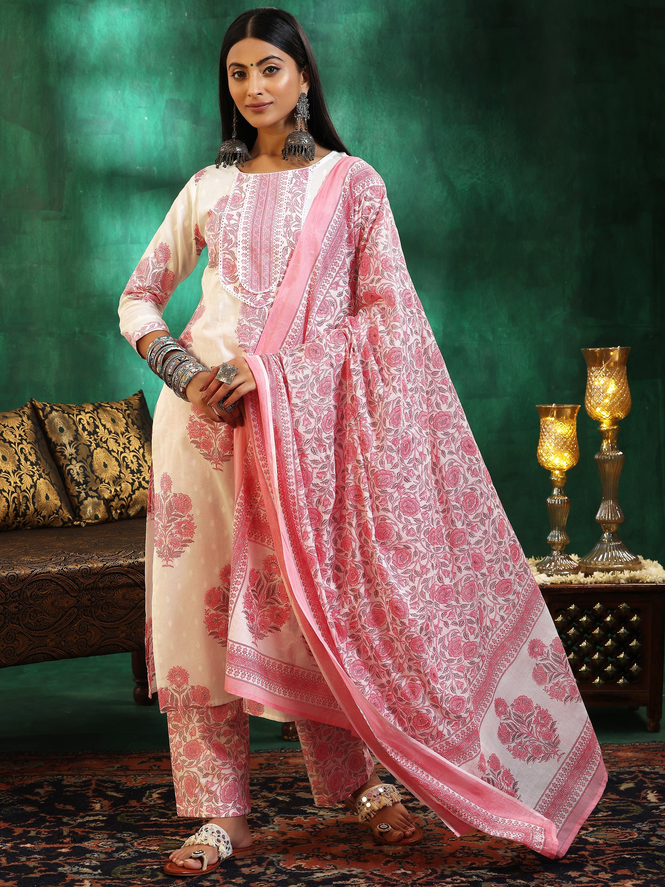 Off White Printed Cotton Straight Suit With Dupatta