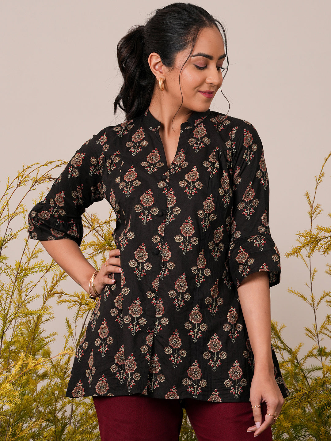 Black Printed Cotton Straight Kurti - ShopLibas