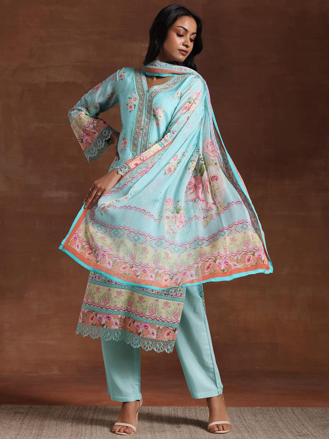 Turquoise Printed Silk Blend Straight Suit With Dupatta