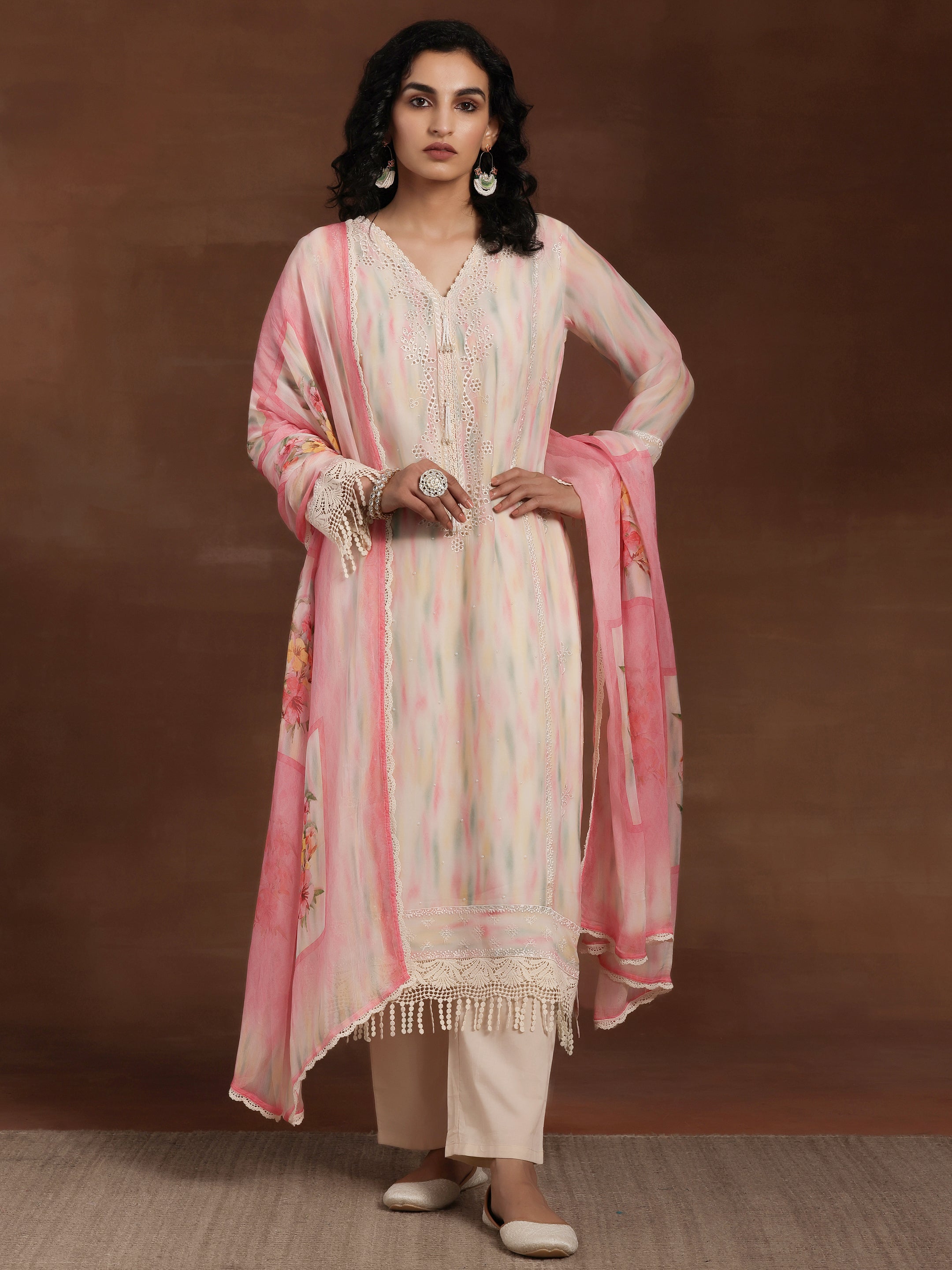 Beige Embroidered Organza Straight Suit With Dupatta