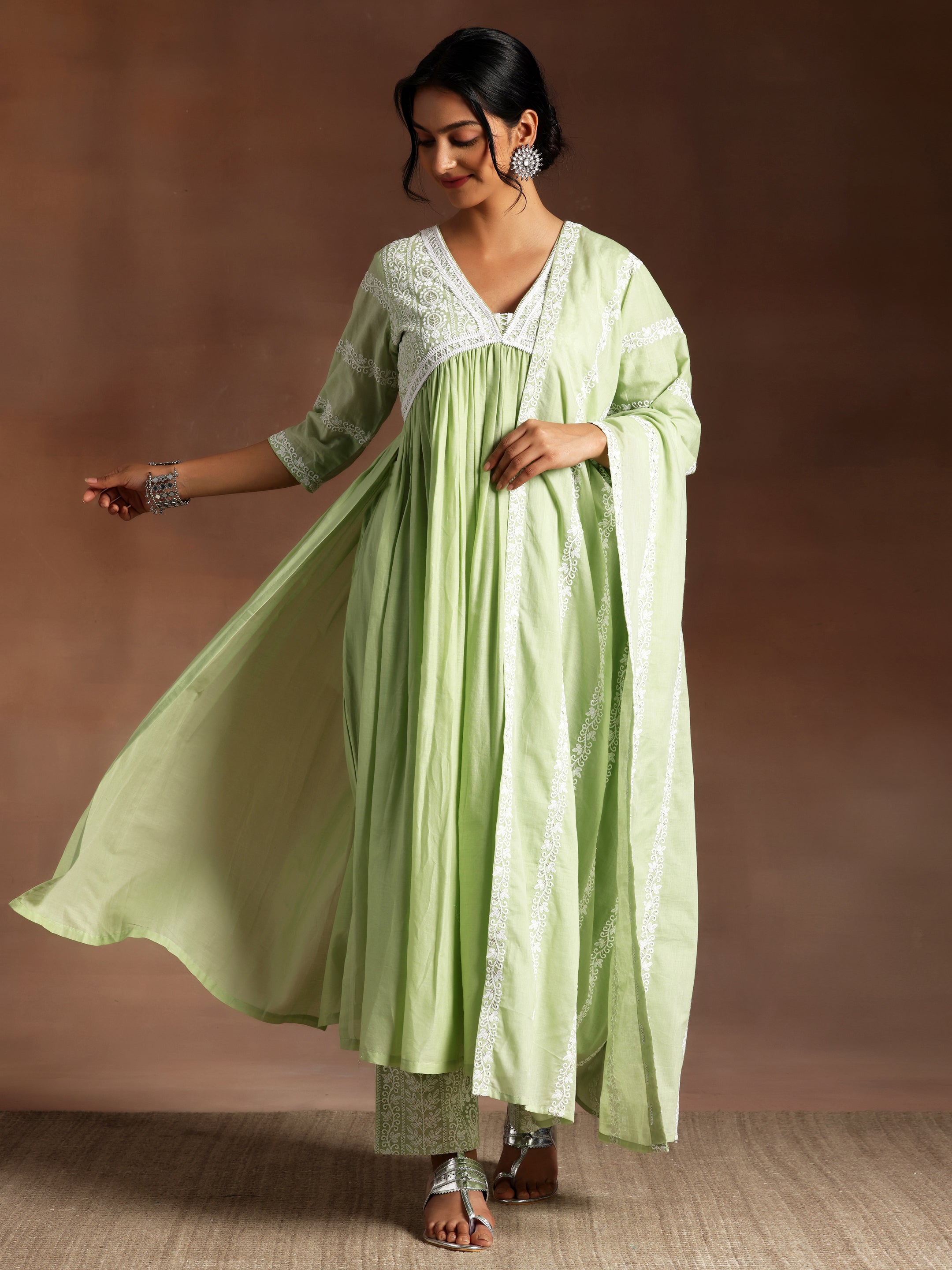 Green Embroidered Cotton A-Line Kurta With Palazzos & Dupatta