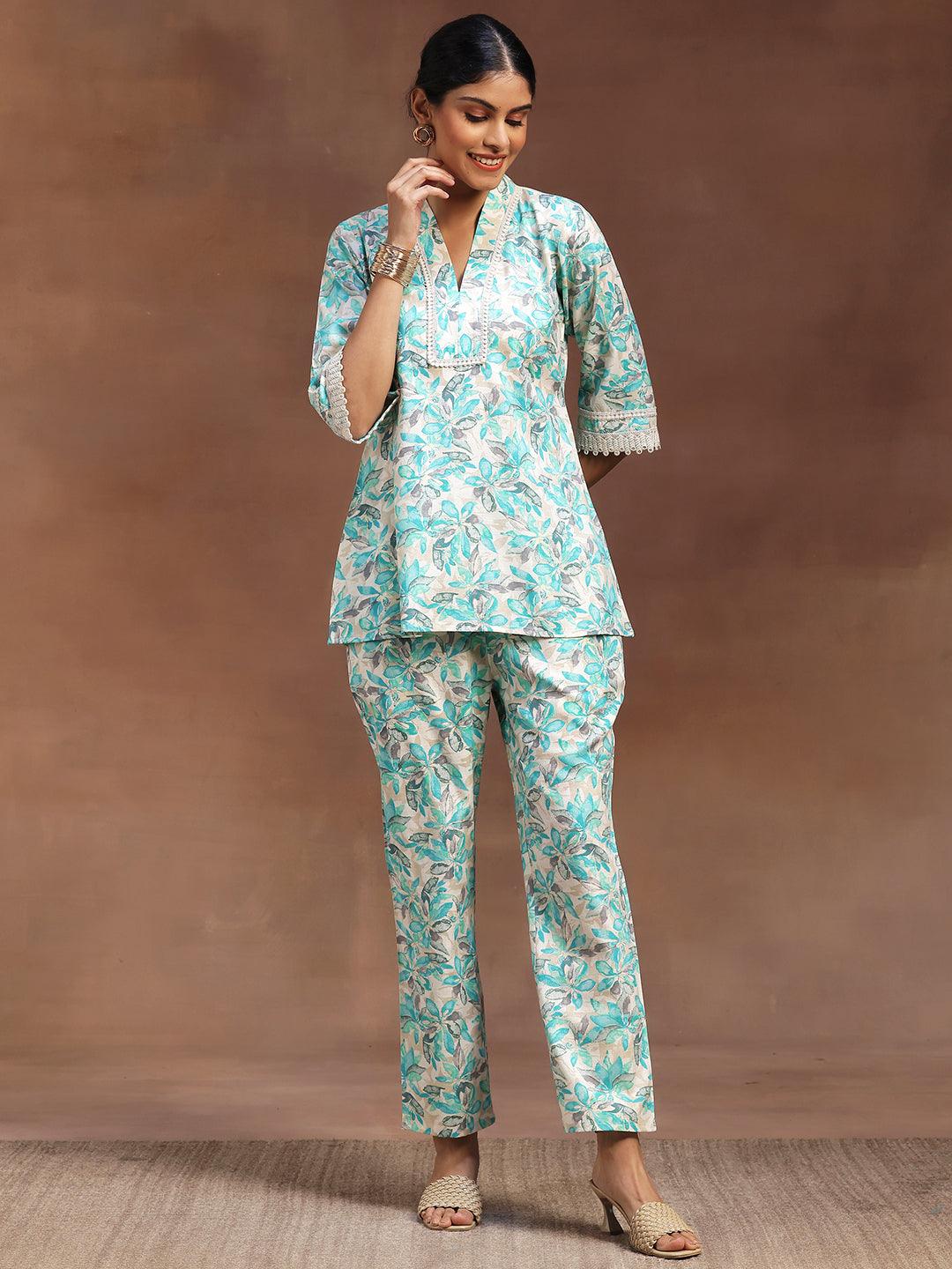 Turquoise Printed Cotton Blend Co-Ords