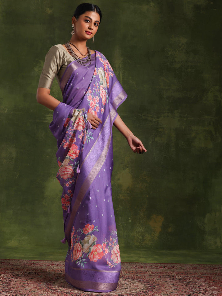 Purple Printed Silk Blend Saree With Unstitched Blouse Piece - Libas