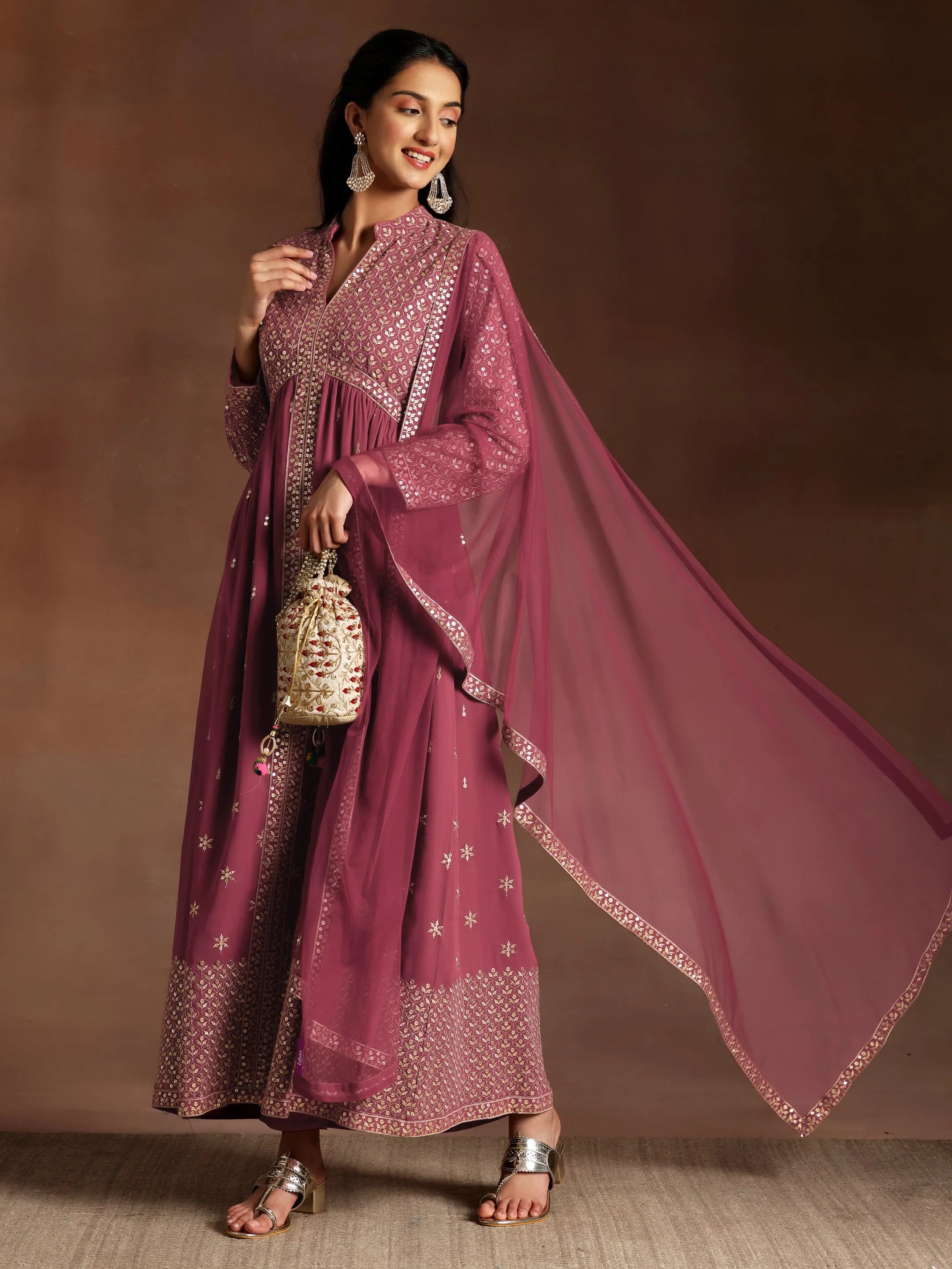 Chandni Mauve Embroidered Georgette A-Line Kurta With Trousers & Dupatta