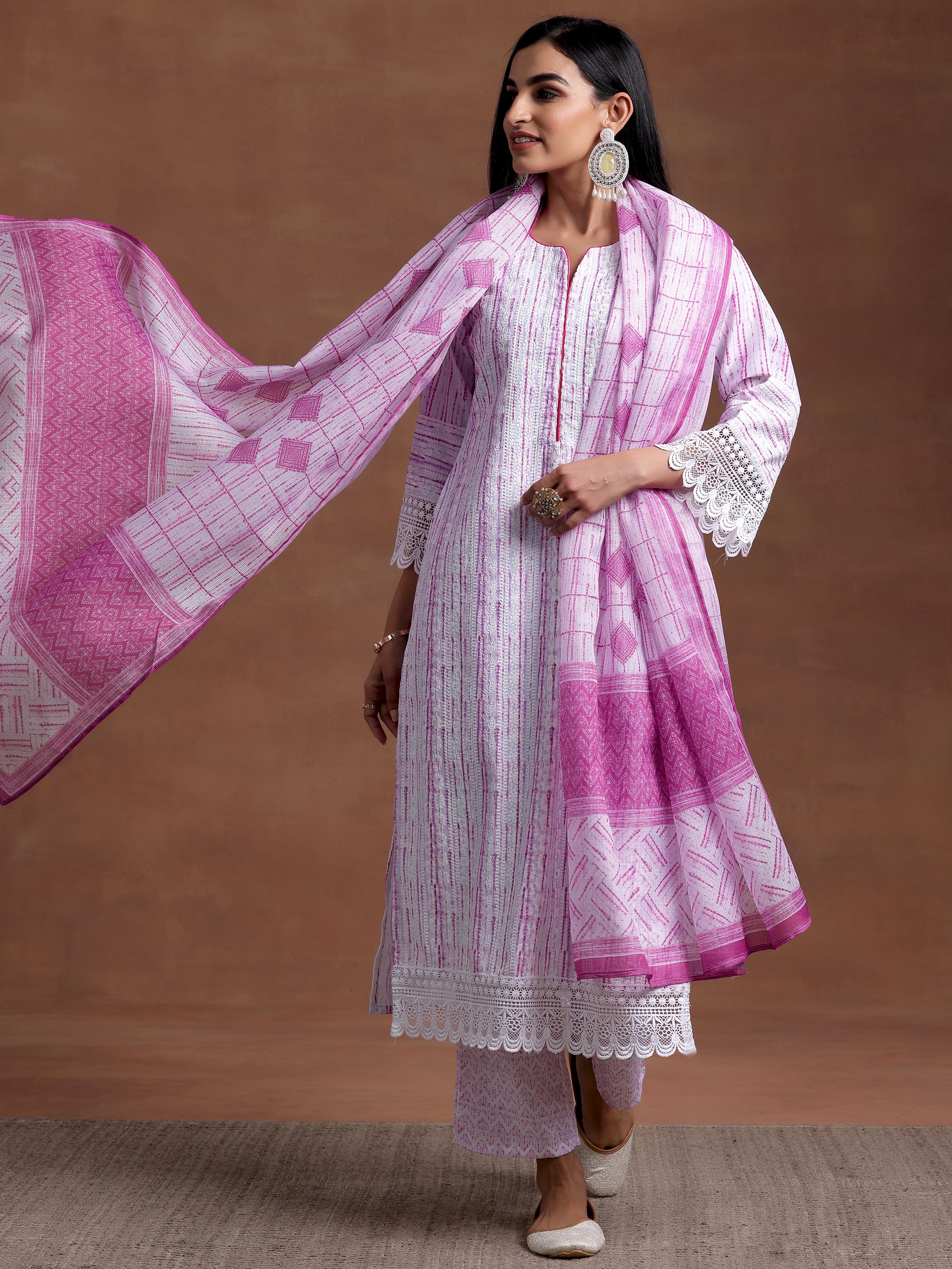 Off White Embroidered Cotton Blend Straight Suit With Dupatta