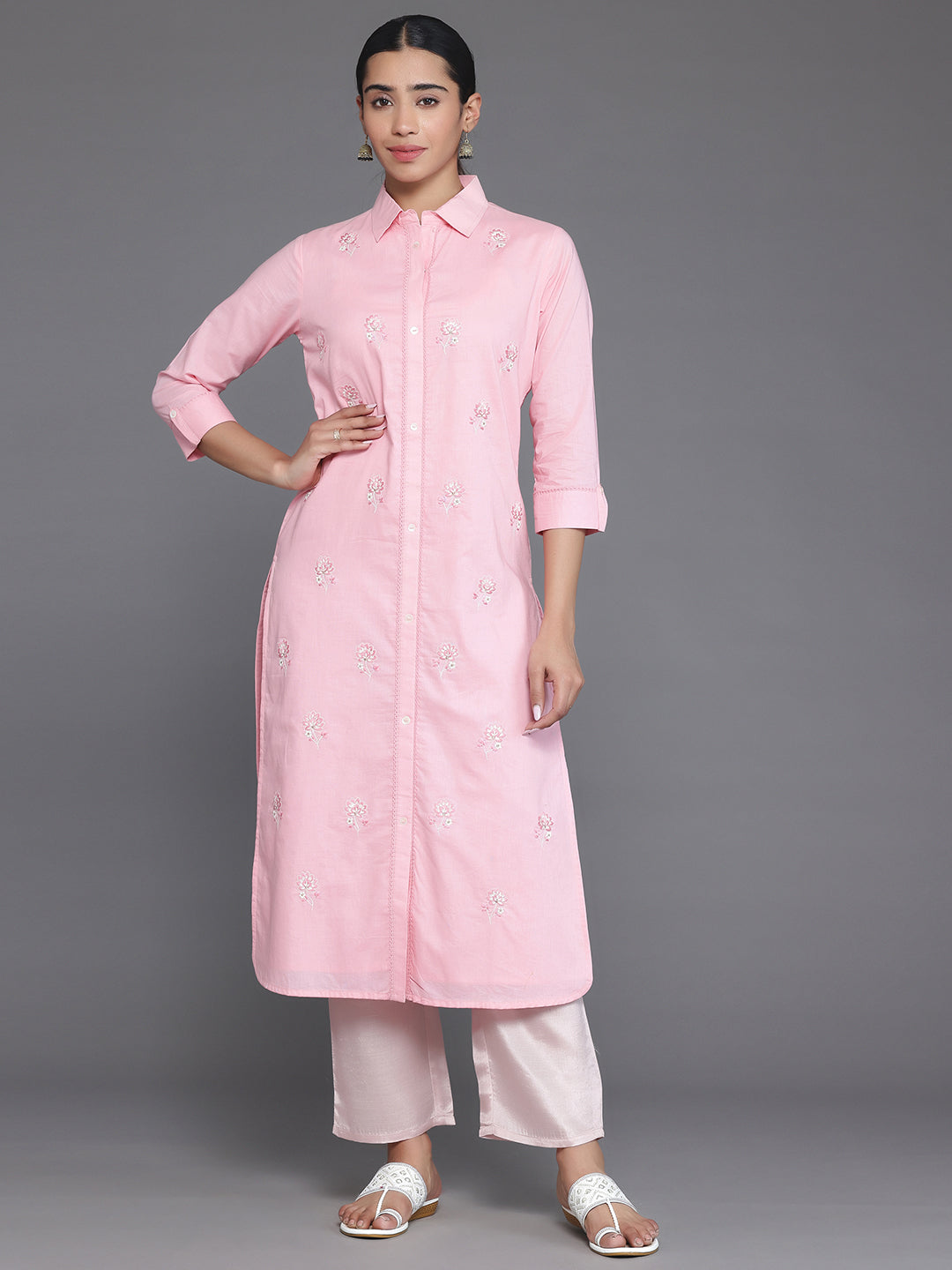 Pink Embroidered Cotton Straight Kurta