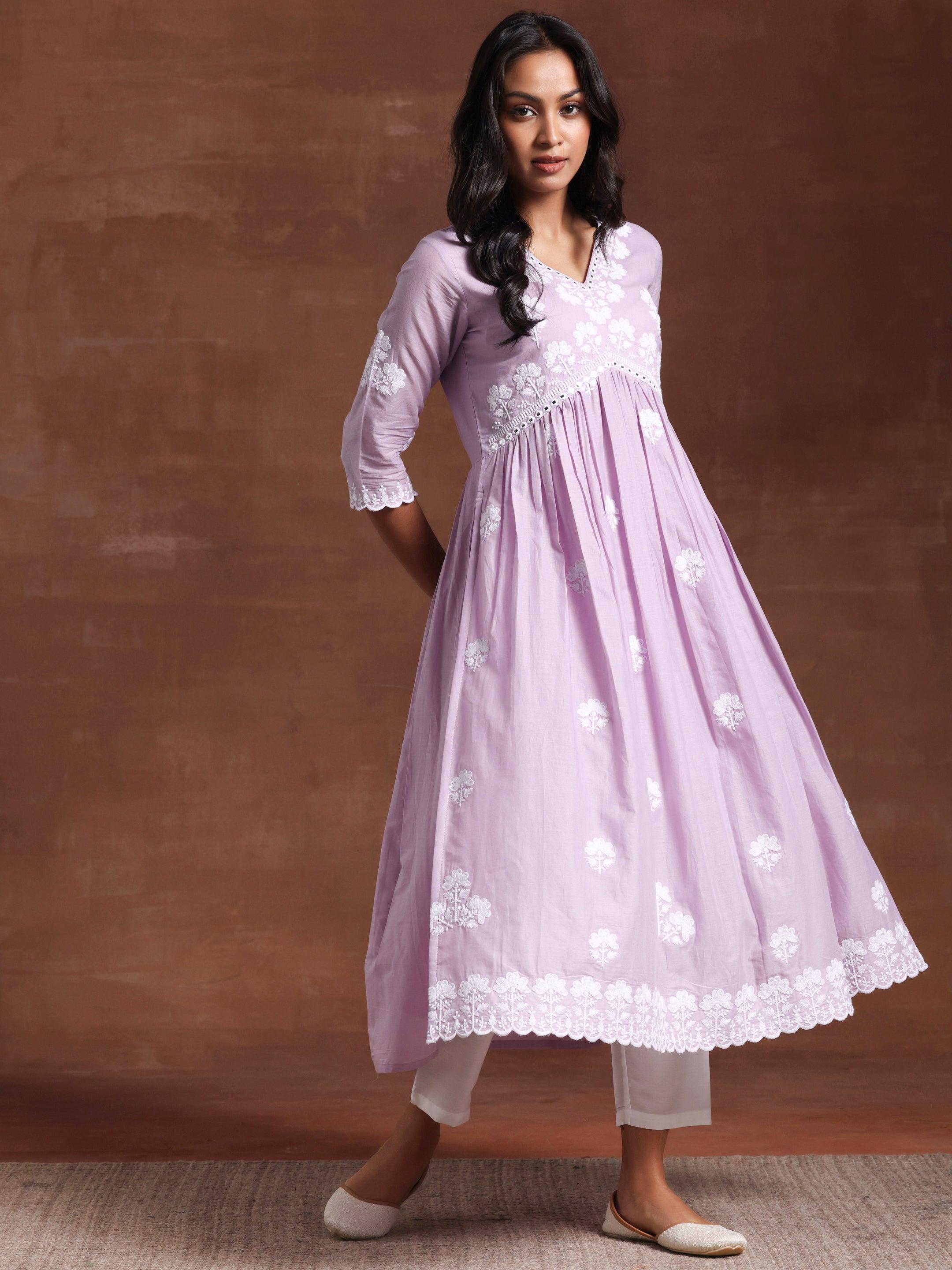 Lavender Embroidered Cotton A-Line Kurta