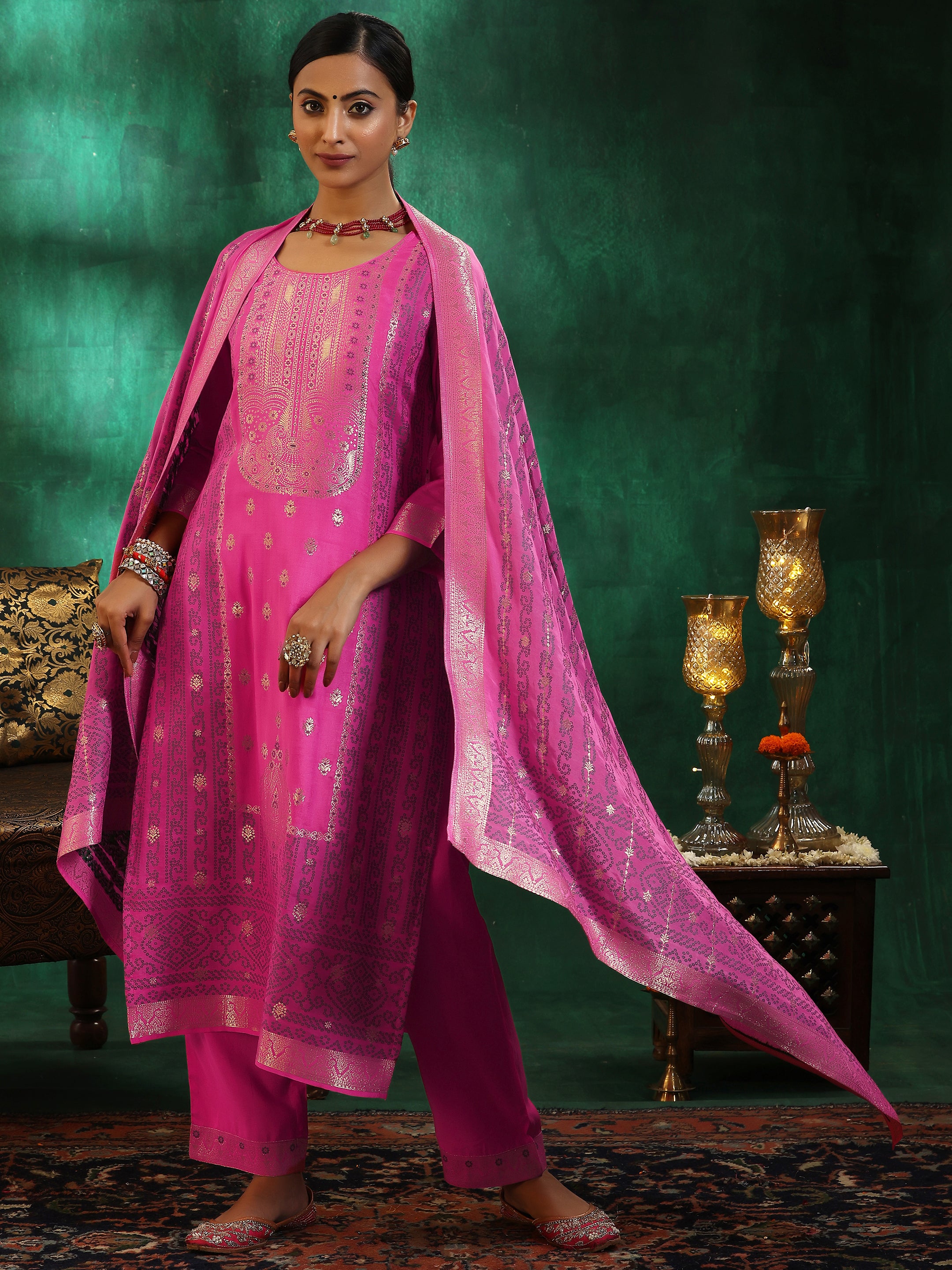 Pink Woven Design Silk Blend Straight Suit With Dupatta