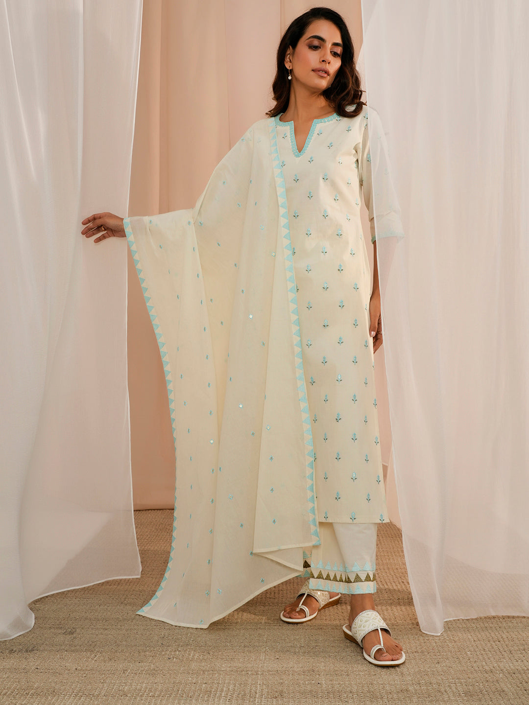 Off White Embroidered Cotton Straight Suit With Dupatta