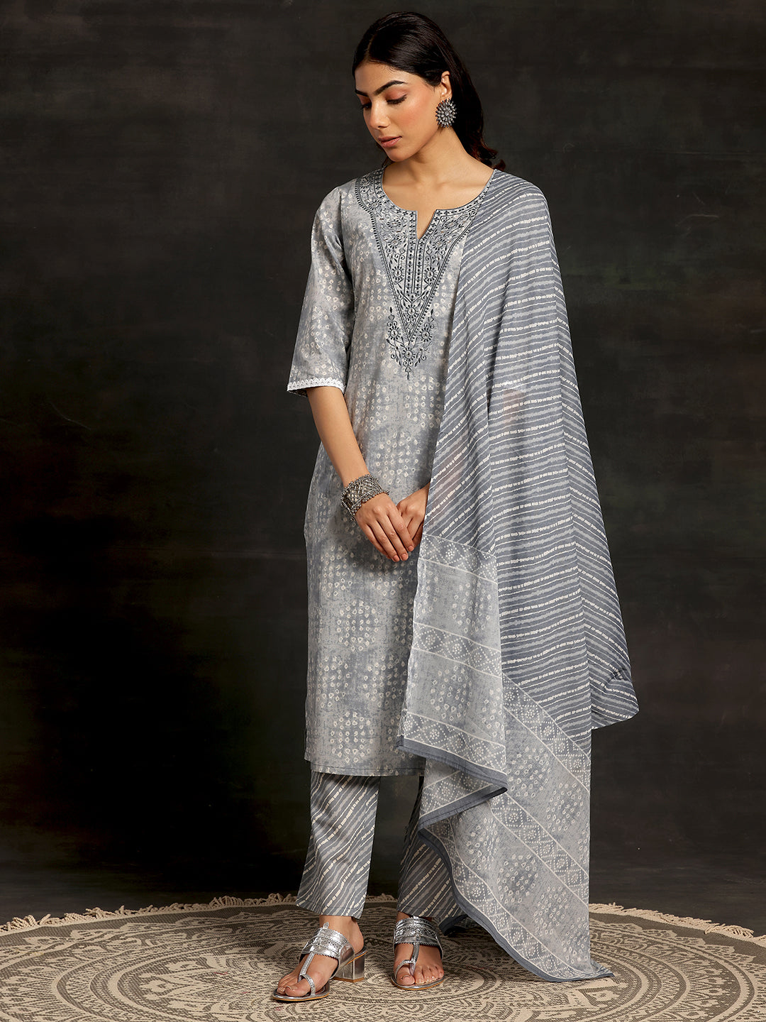 Grey Printed Cotton Straight Suit With Dupatta