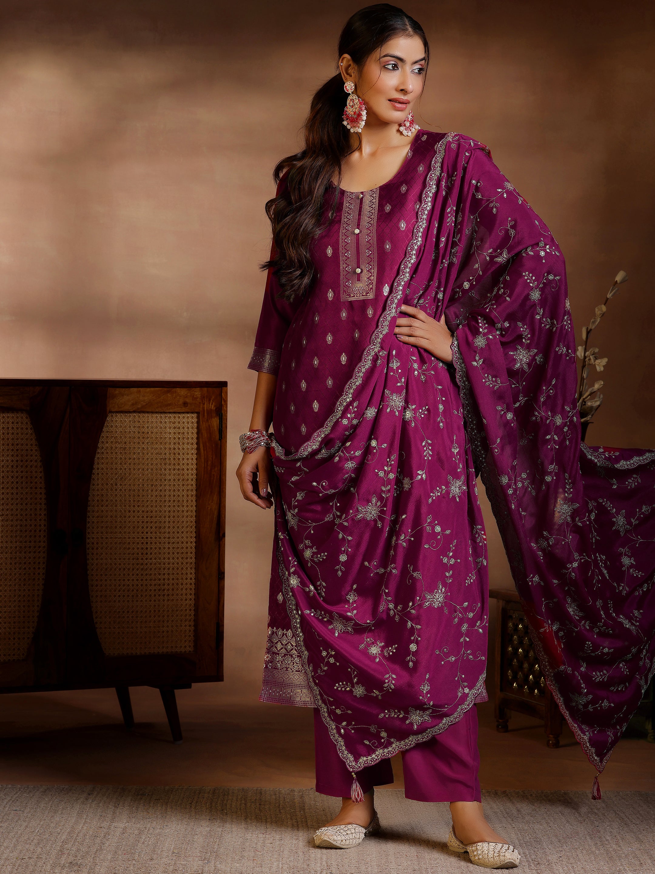 Burgundy Woven Design Silk Blend Straight Suit With Dupatta