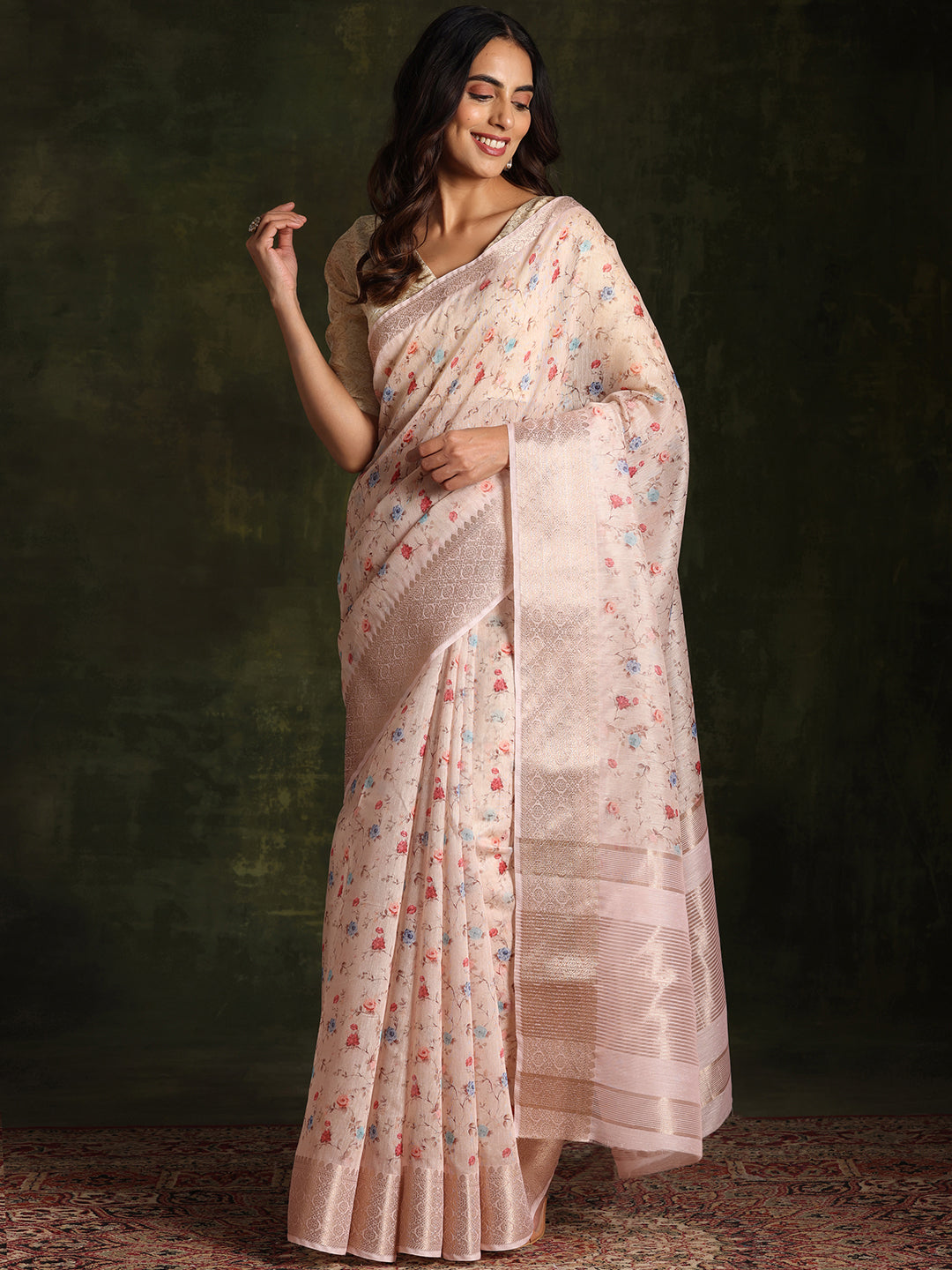 Beige Printed Silk Blend Saree With Unstitched Blouse Piece