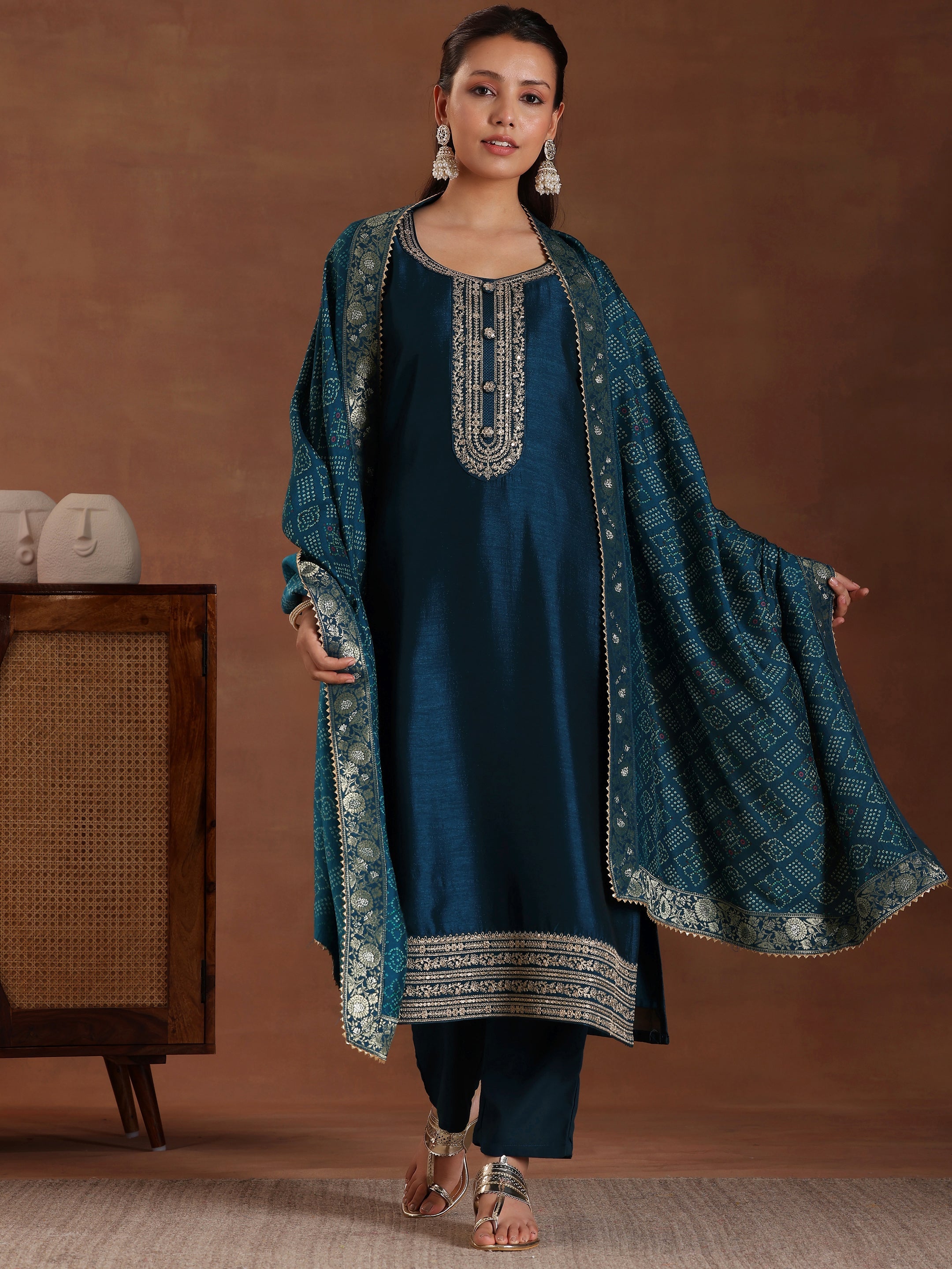 Teal Embroidered Silk Blend Straight Suit With Dupatta