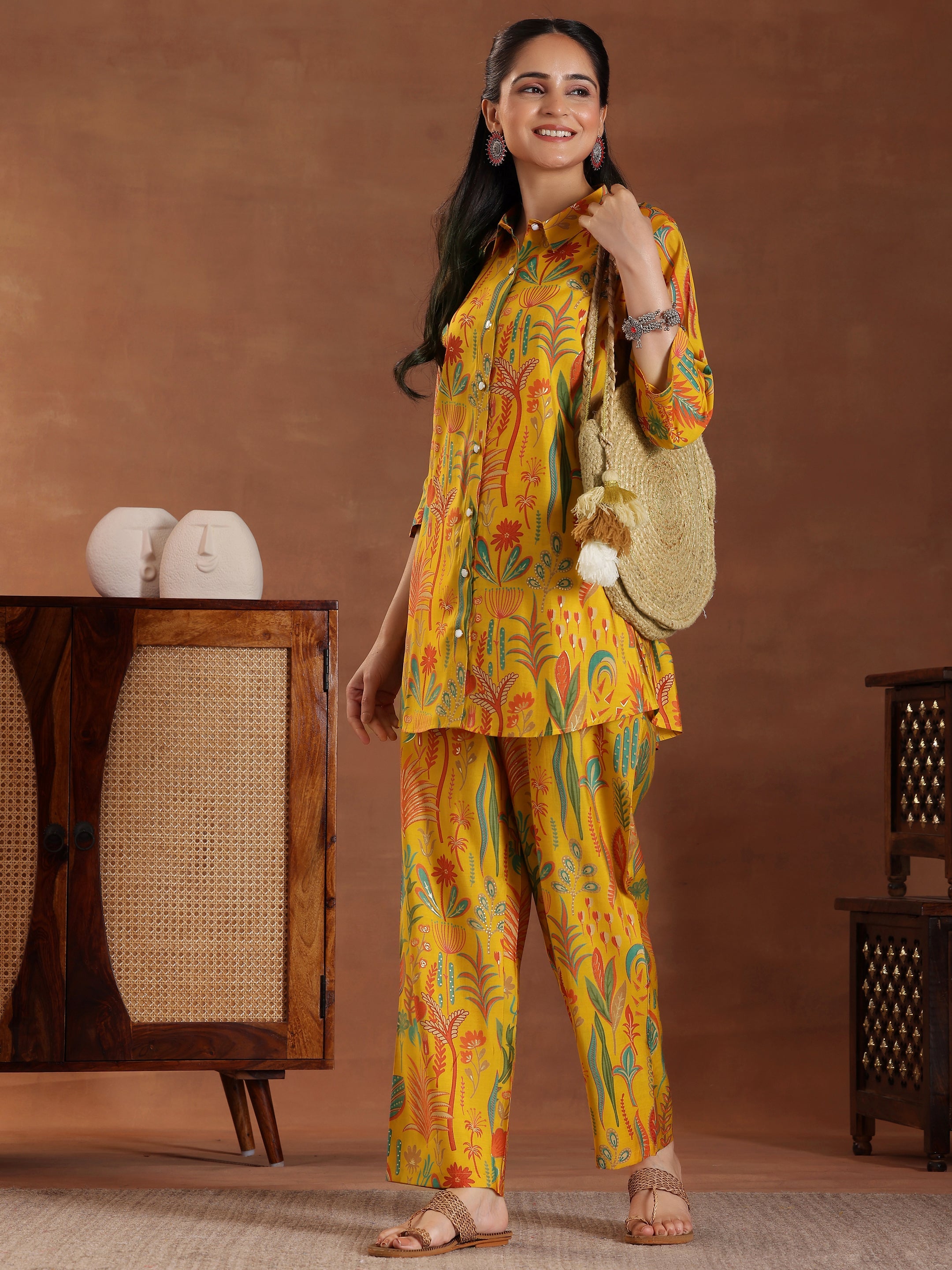 Yellow Printed Silk Blend Co-Ords