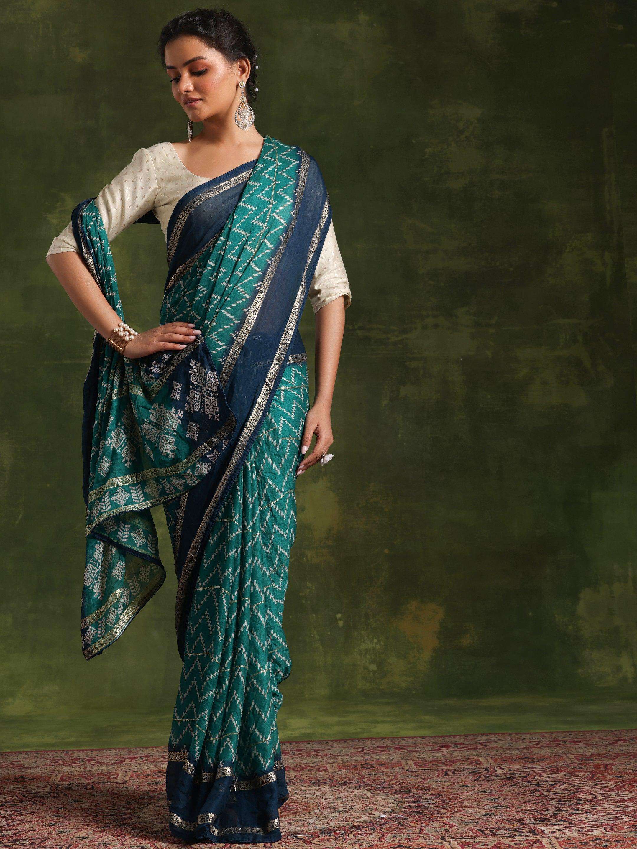 Green Printed Poly Georgette Saree With Unstitched Blouse Piece