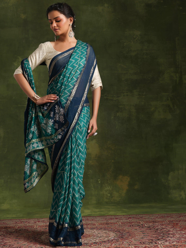 Green Printed Poly Georgette Saree With Unstitched Blouse Piece - Libas