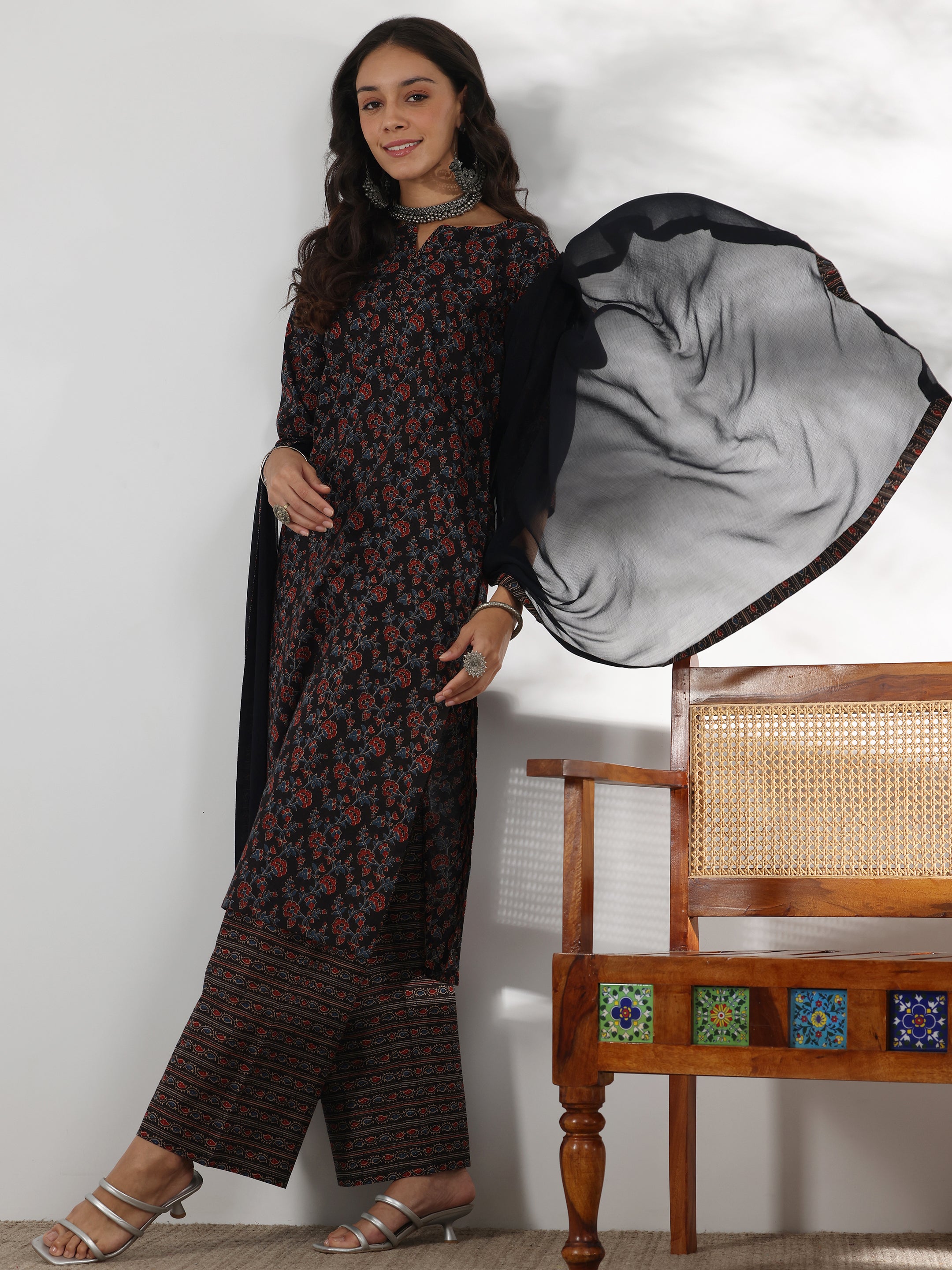 Black Printed Cotton Straight Suit With Dupatta