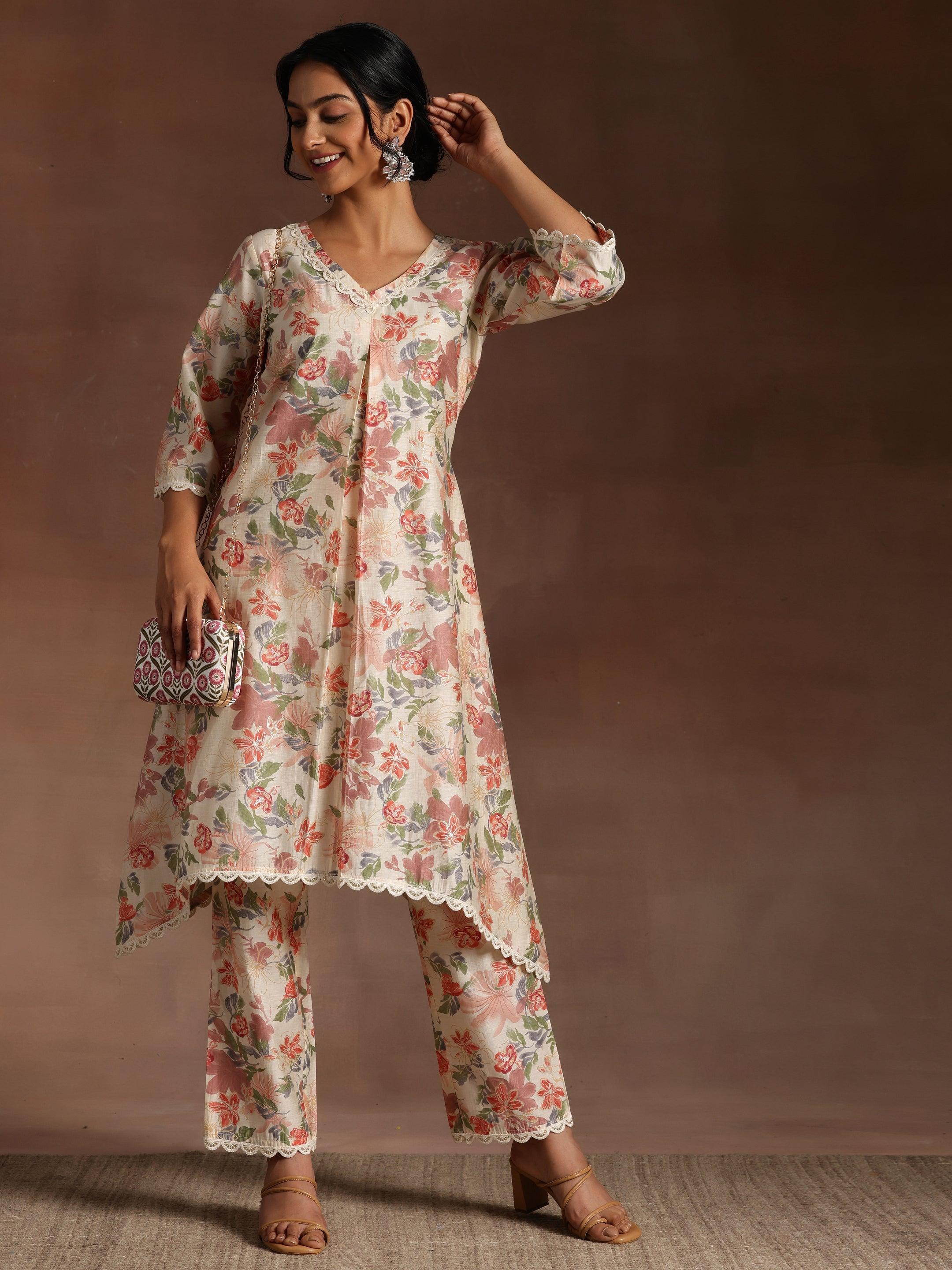 Saavri Beige Printed Chanderi Silk A-Line Kurta With Trousers