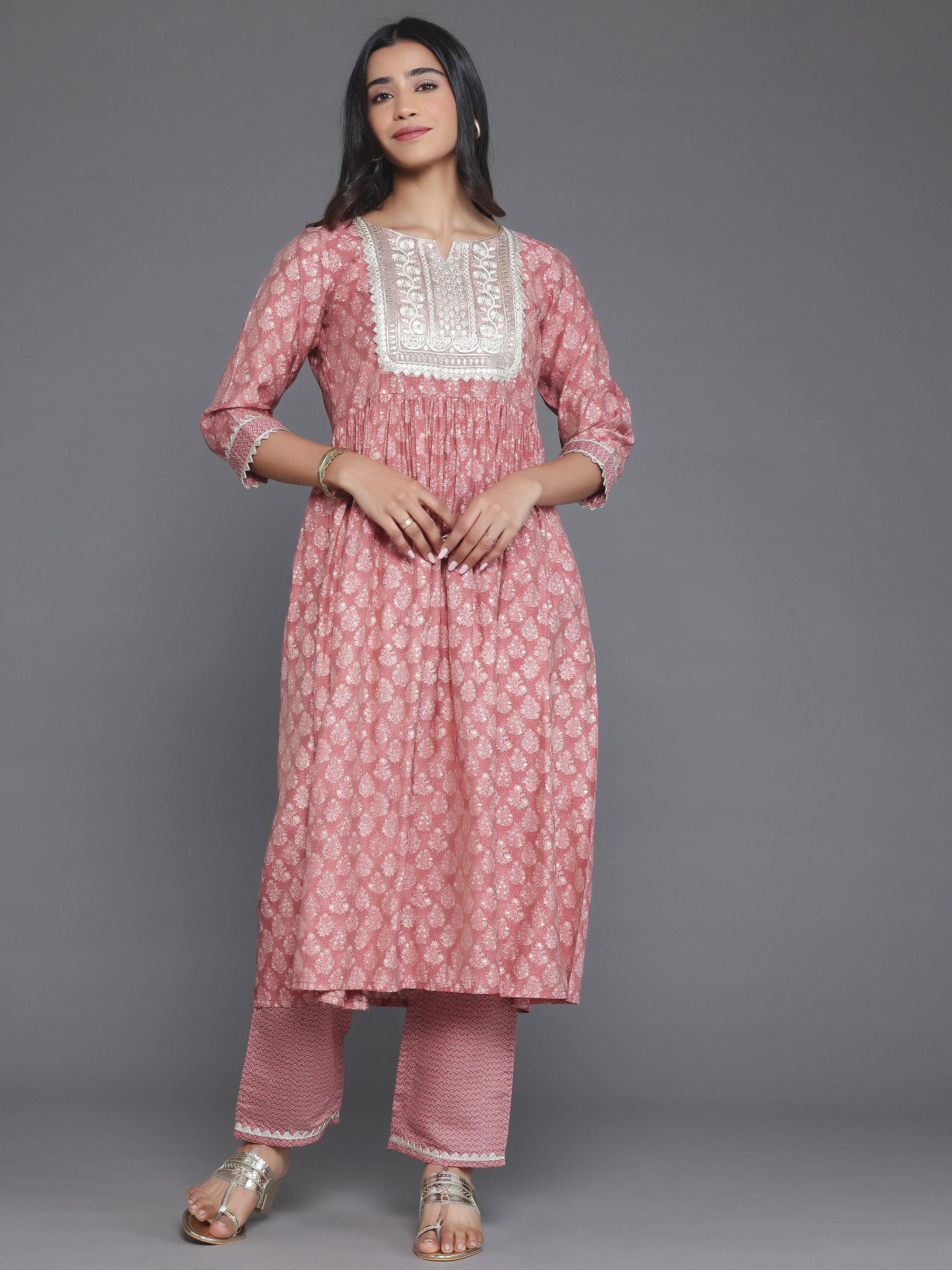 Mauve Printed Silk Blend A-Line Kurta With Palazzos