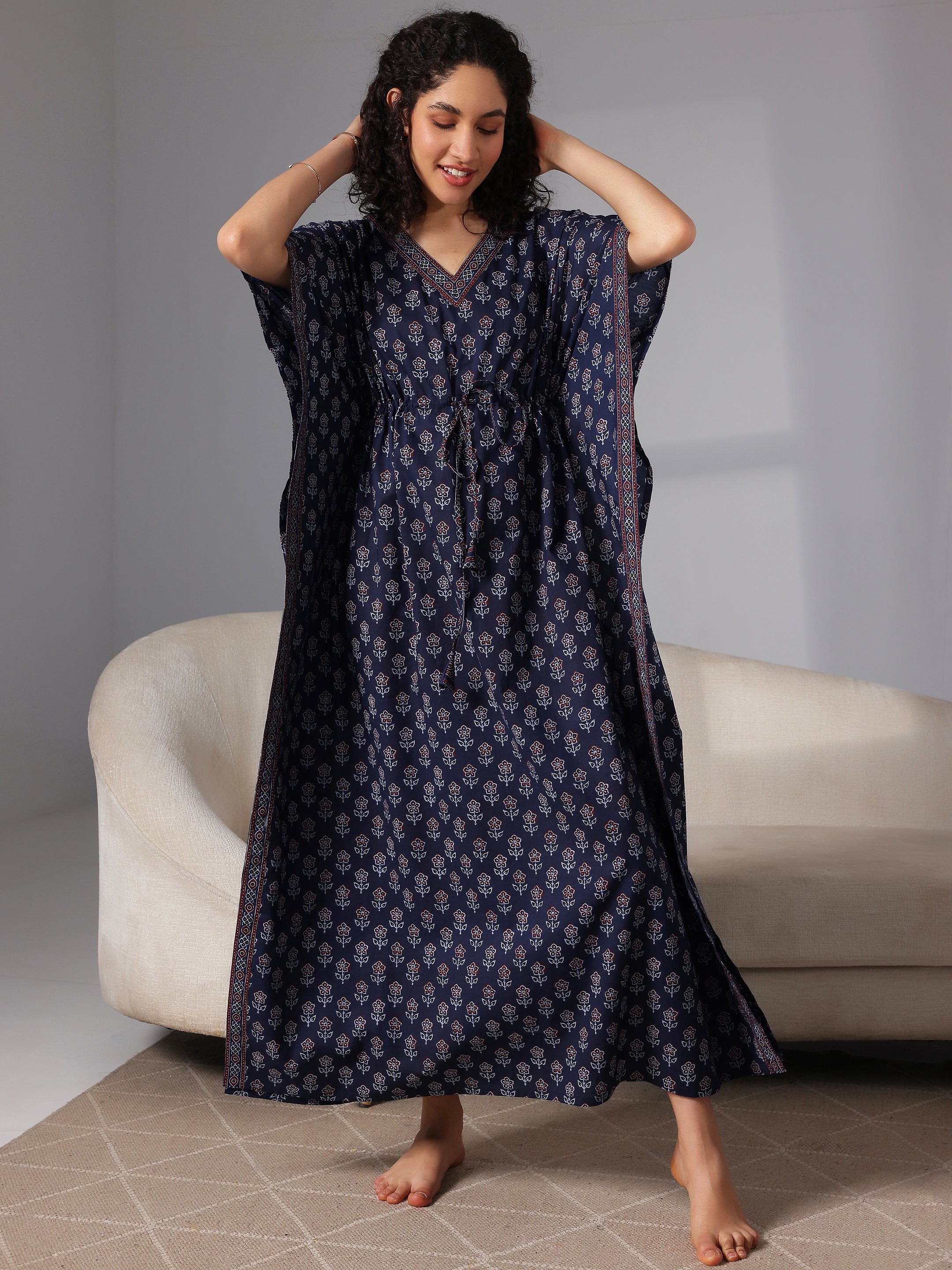 Navy Blue Printed Cotton Kaftan Night Dress