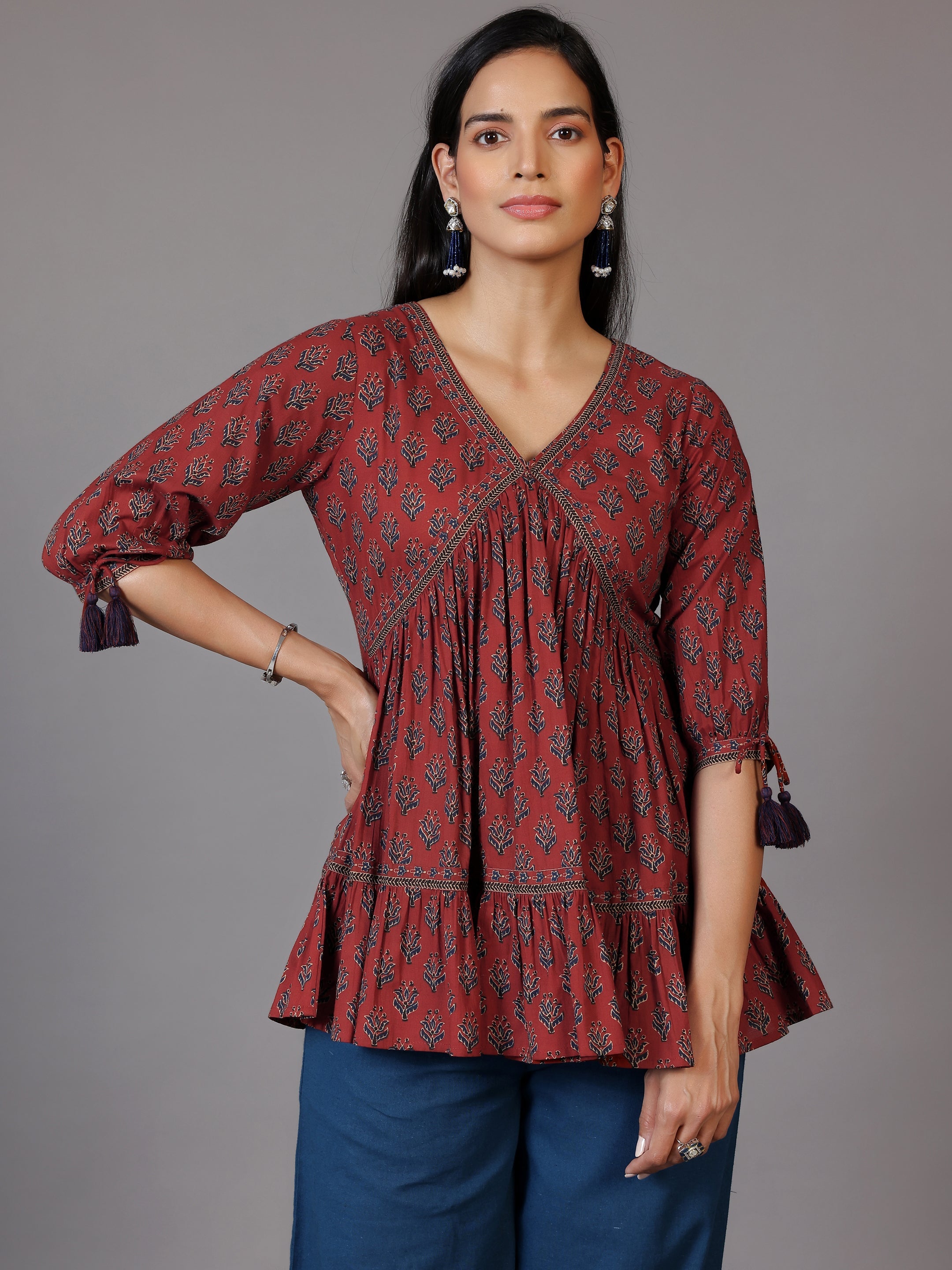 Rust Printed Cotton A-Line Kurti