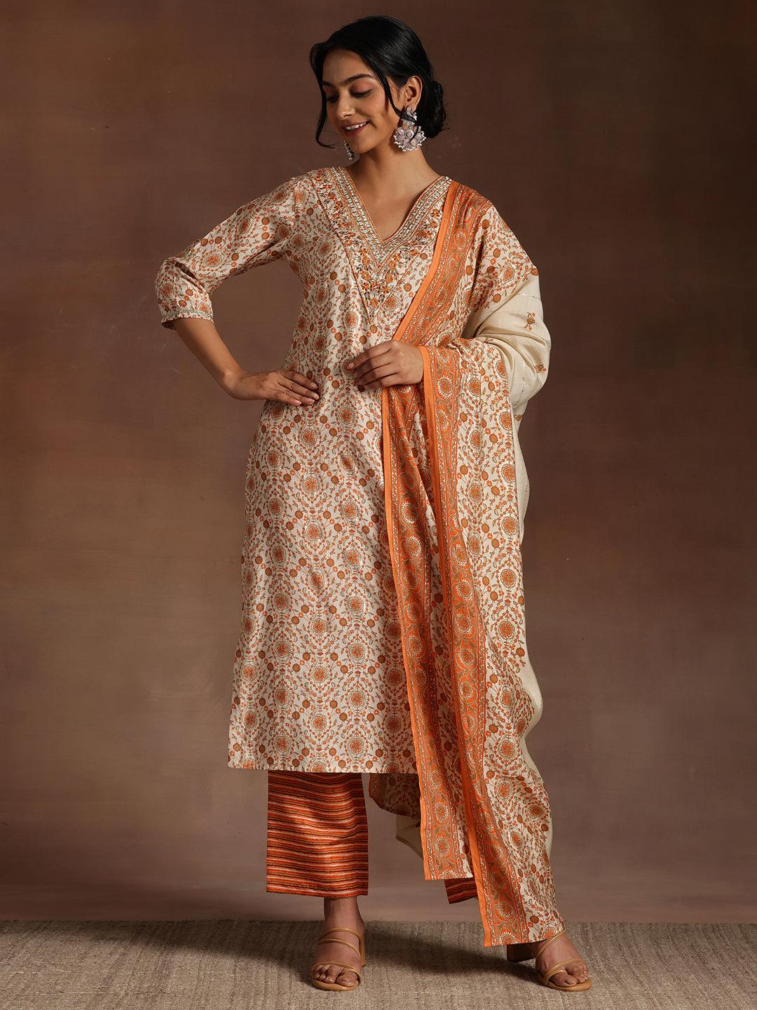 Orange Printed Silk Blend Straight Suit With Dupatta