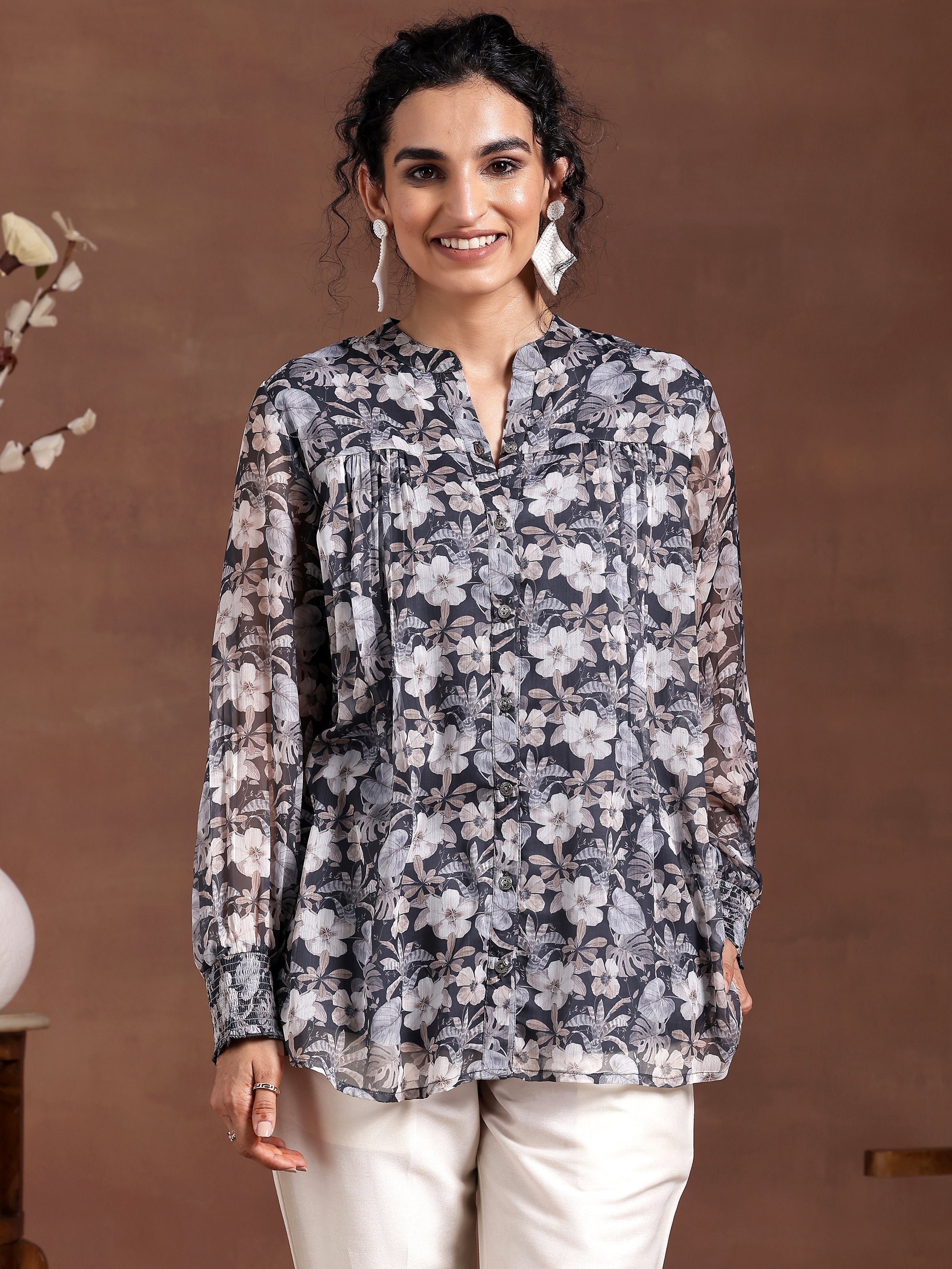 Grey Printed Chiffon A-Line Kurti