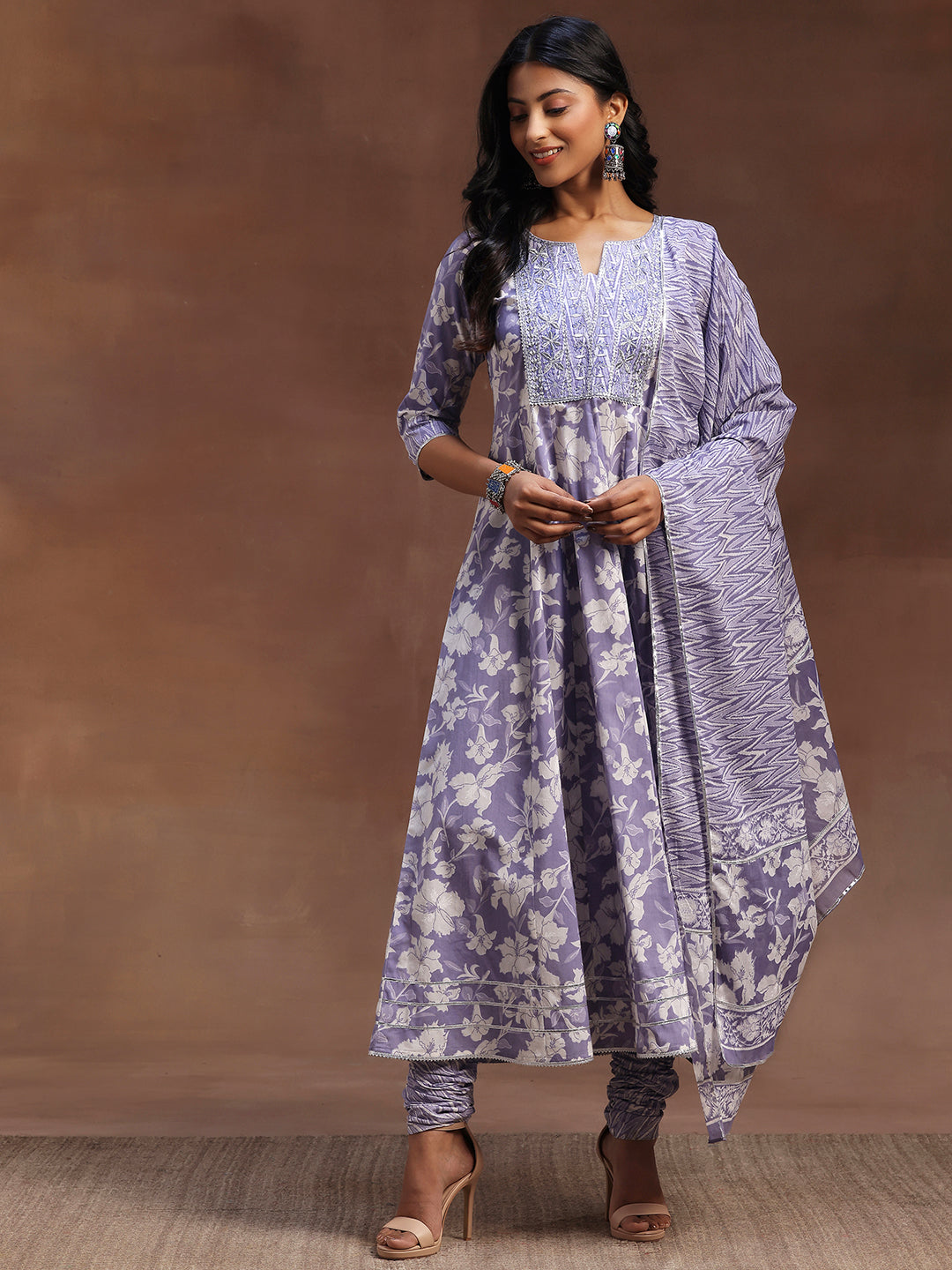 Lavender Printed Cotton Anarkali Suit With Dupatta