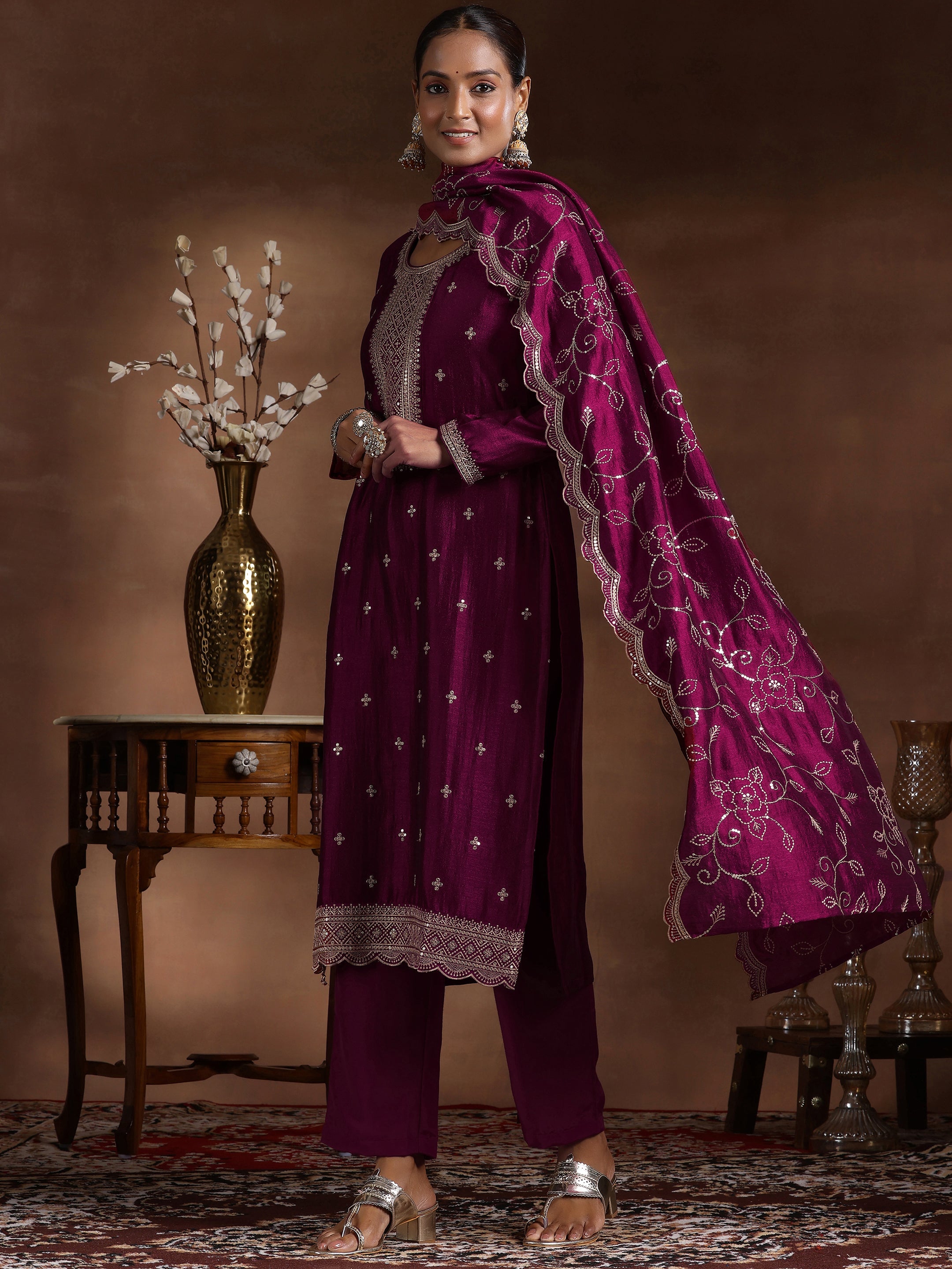 Wine Embroidered Silk Blend Straight Suit With Dupatta