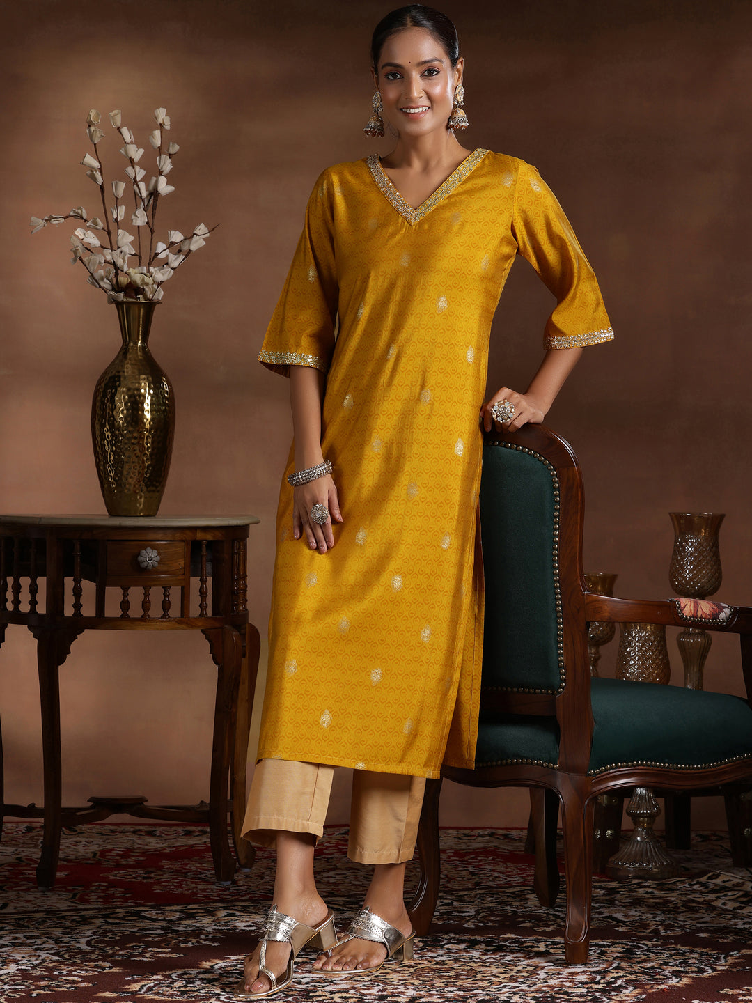 Mustard Printed Silk Straight Kurta