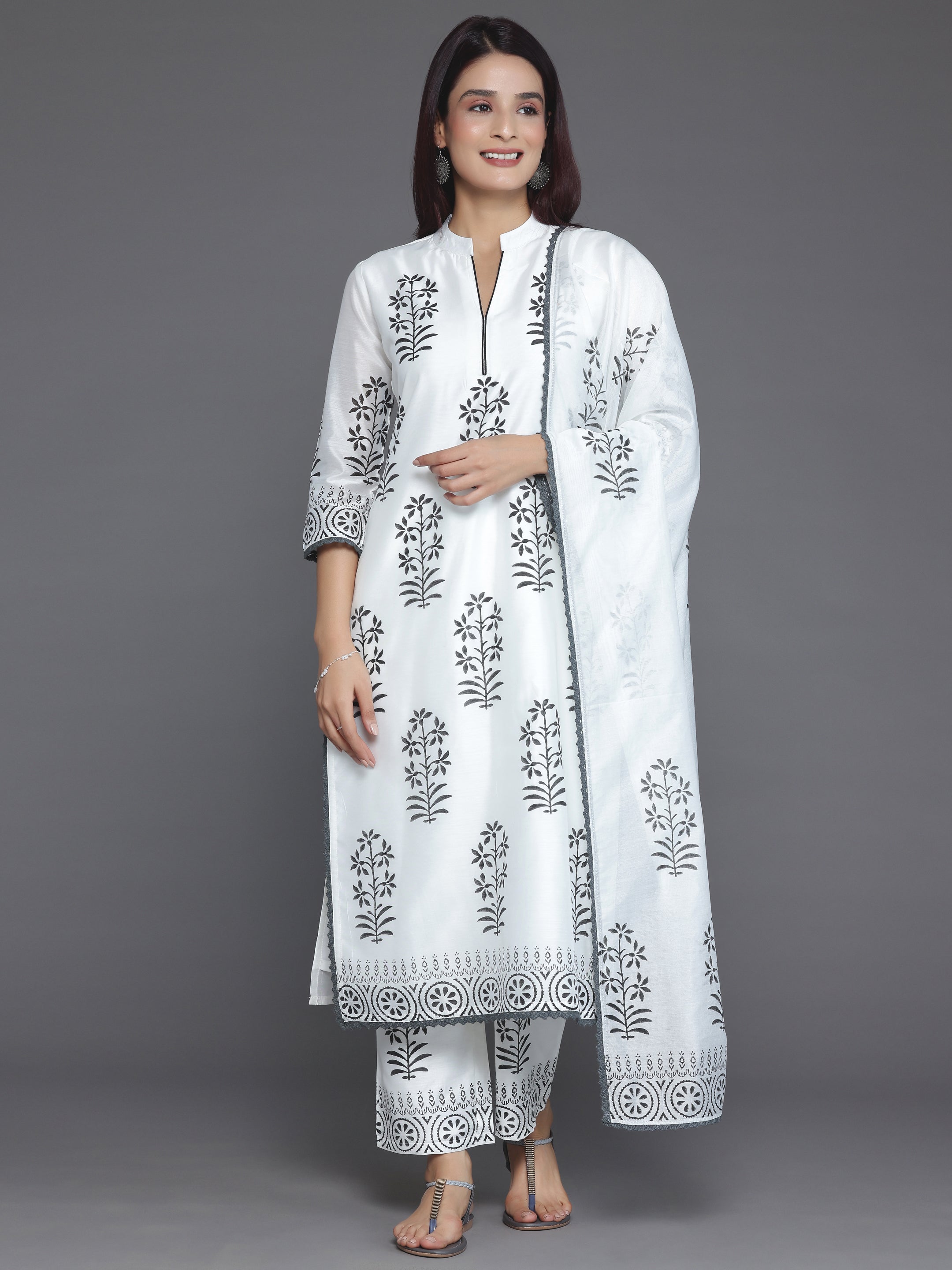 White Printed Chanderi Silk Straight Suit With Dupatta