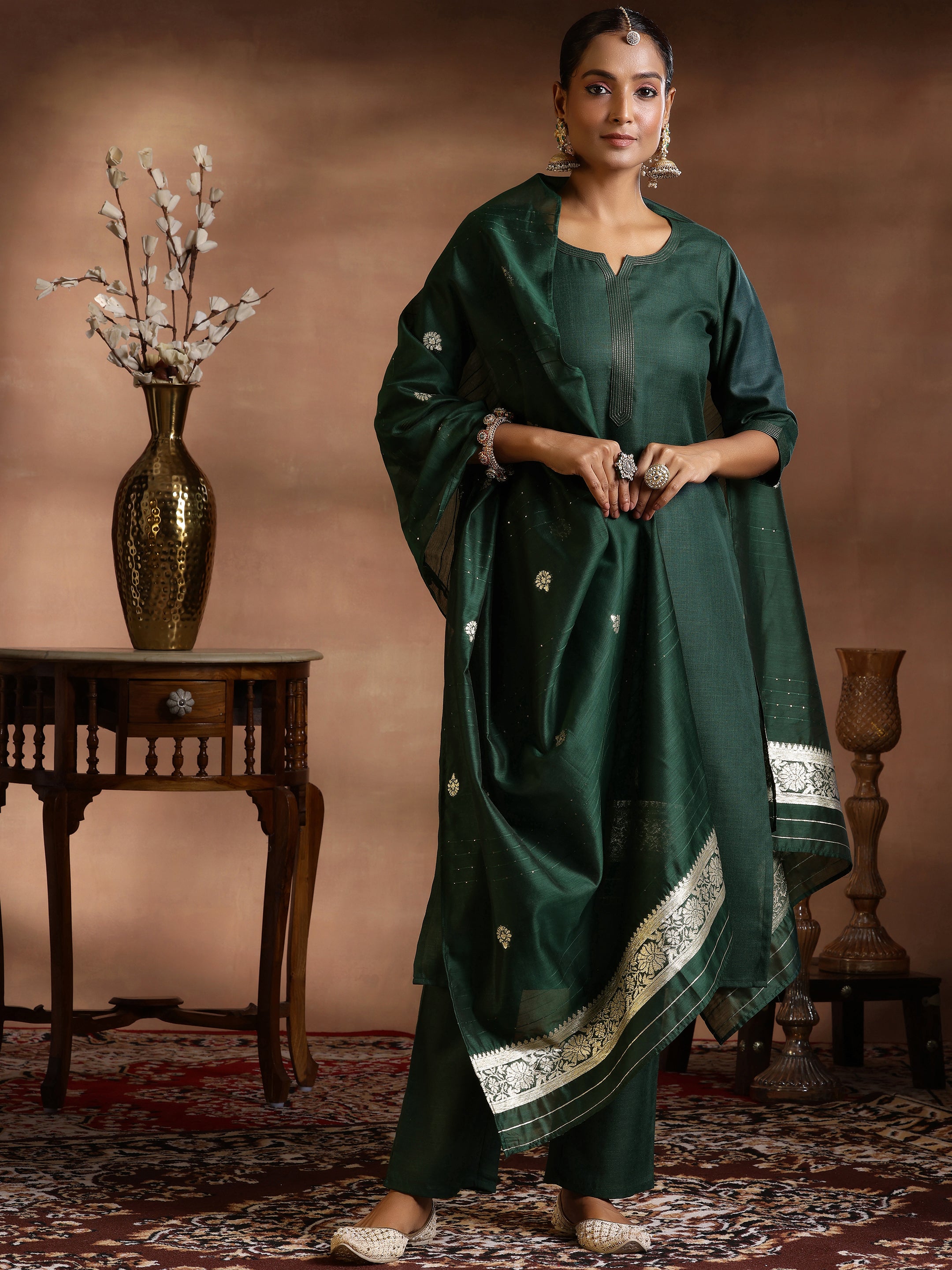 Green Solid Silk Blend Straight Suit With Dupatta