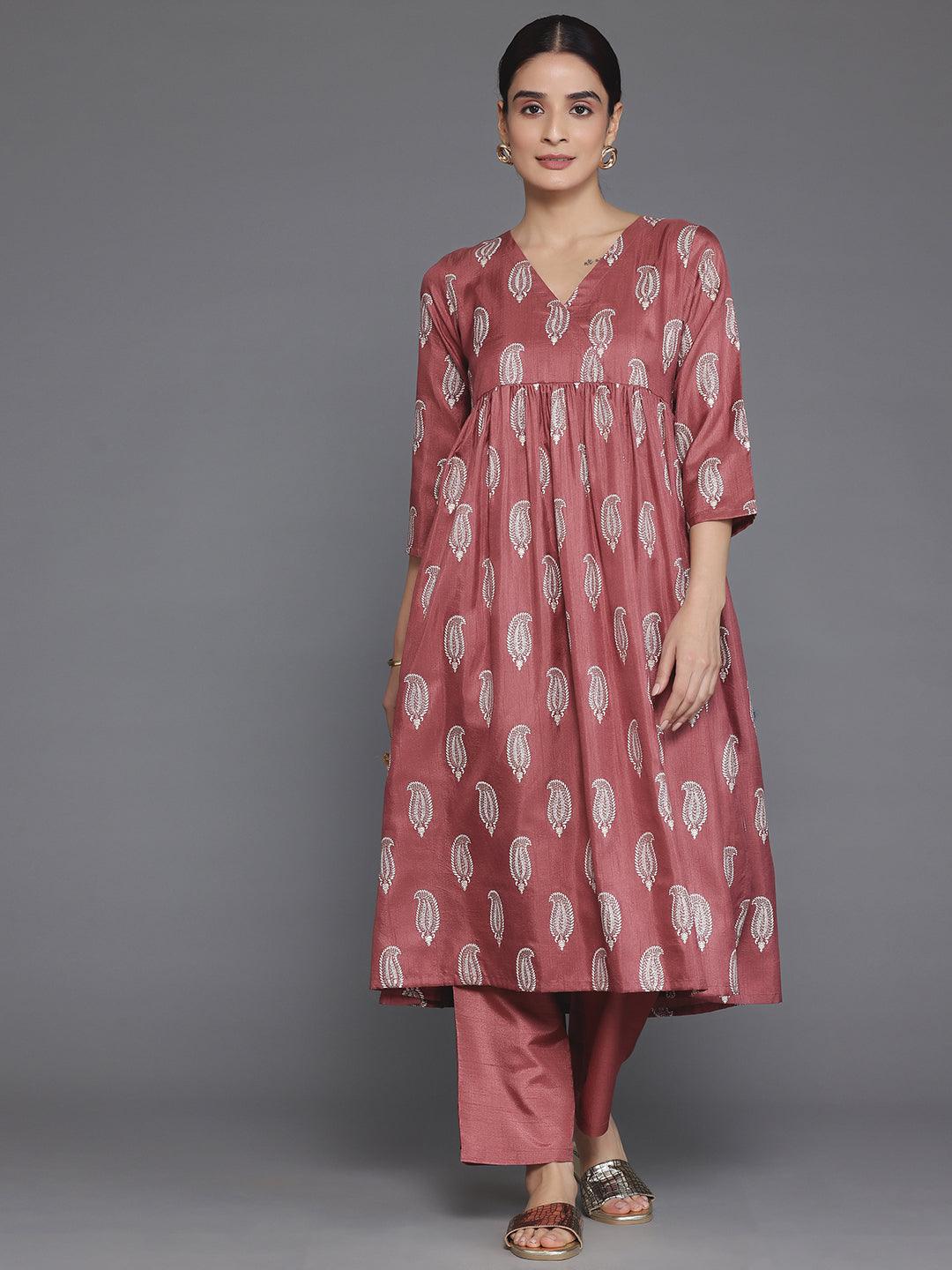 Mauve Printed Silk Blend A-Line Kurta With Trousers