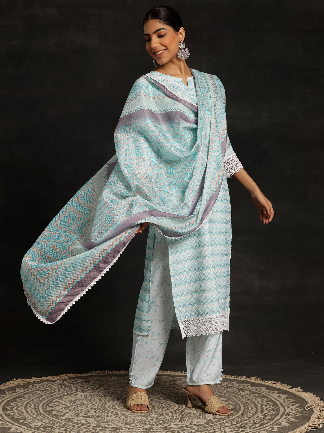 Blue Embroidered Cotton Blend Straight Kurta With Palazzos & Dupatta - ShopLibas