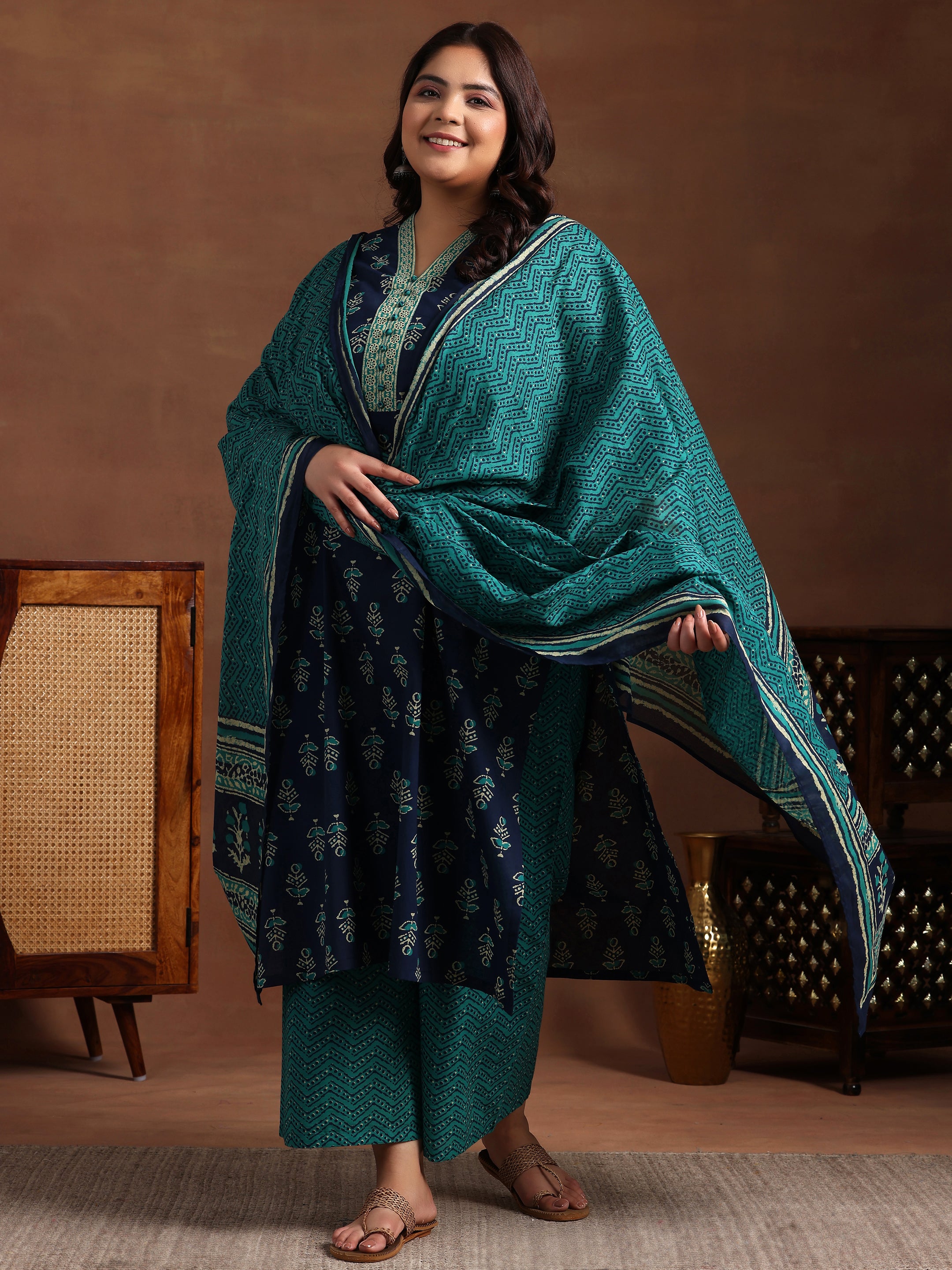 Plus Size Blue Printed Cotton Straight Suit With Dupatta