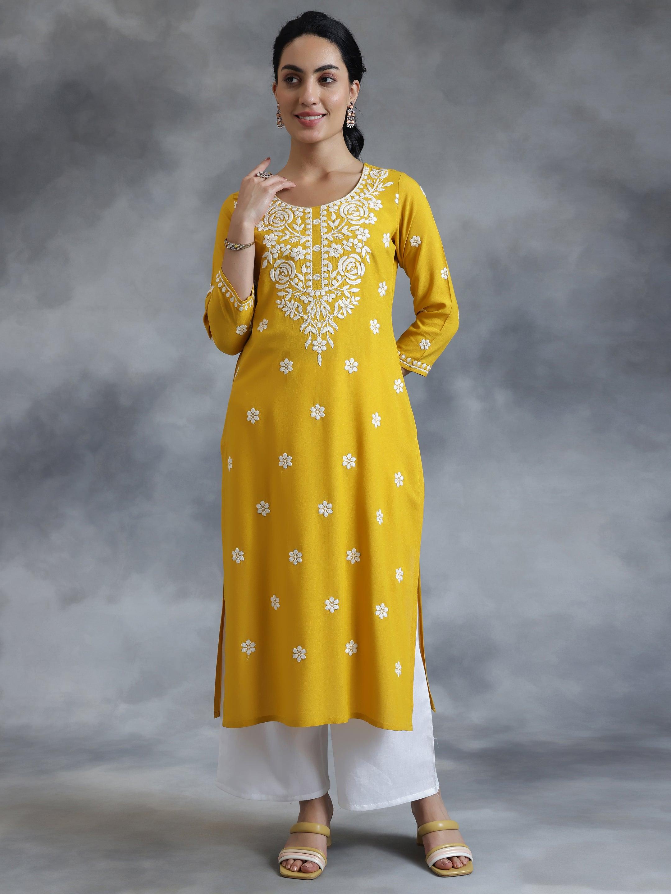 Mustard Embroidered Rayon Straight Kurta