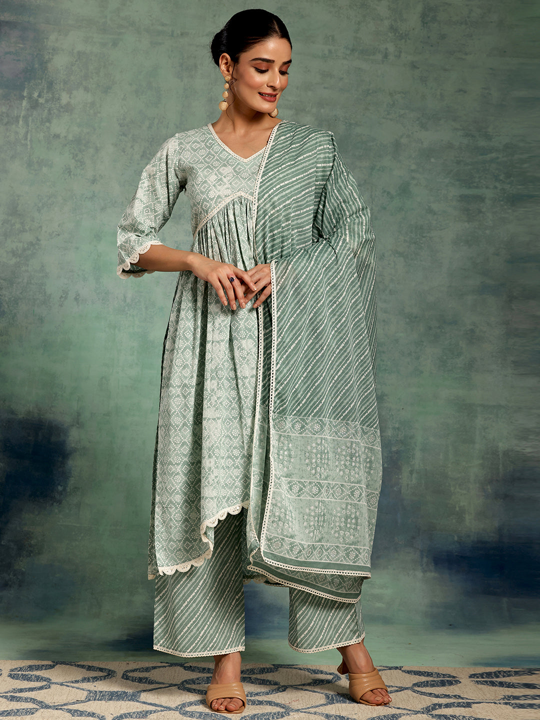 Green Printed Cotton A-Line Kurta With Palazzos & Dupatta