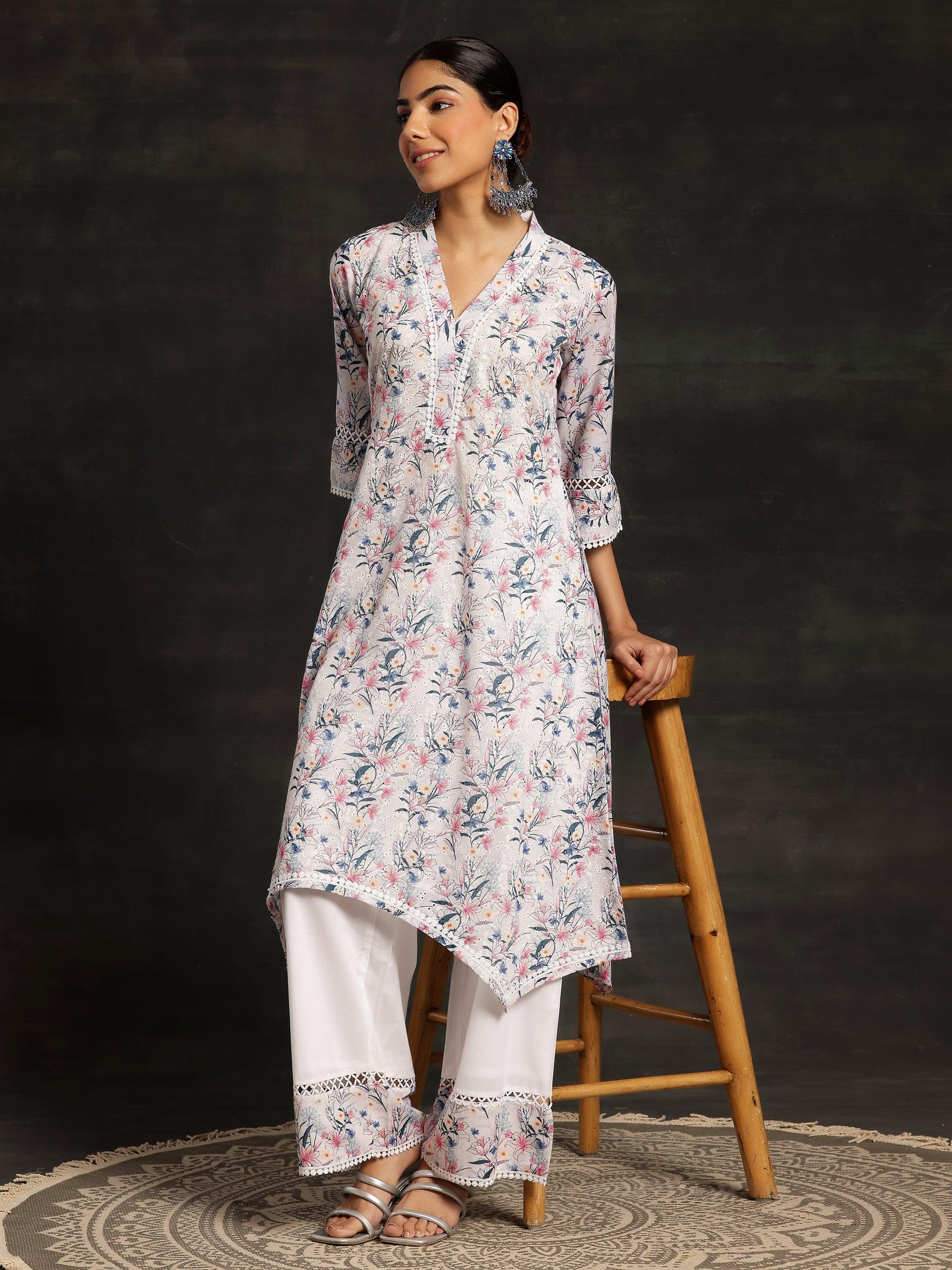 Multicoloured Printed Cotton A-Line Kurta With Palazzos