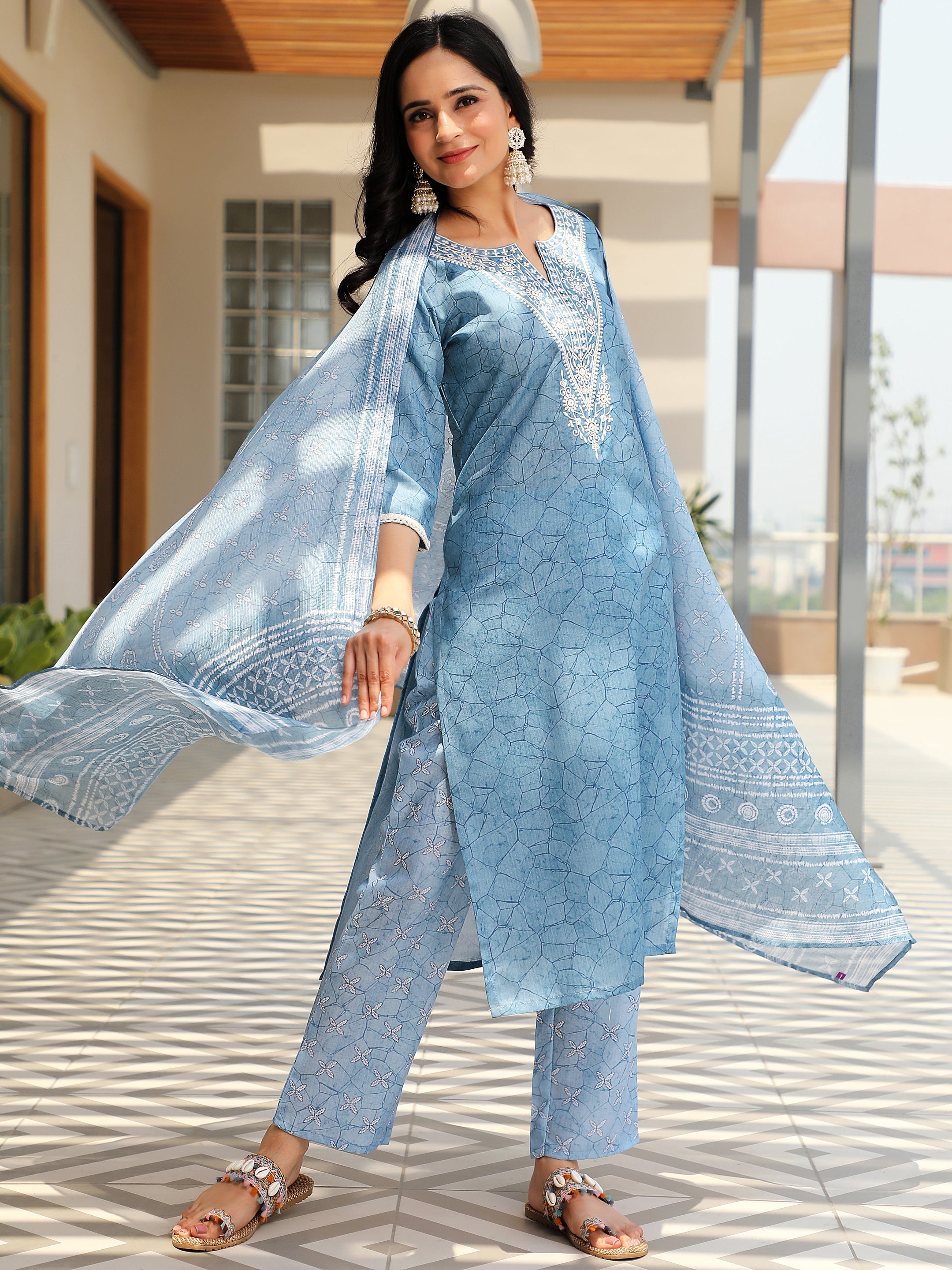 Blue Yoke Design Cotton Straight Suit With Dupatta