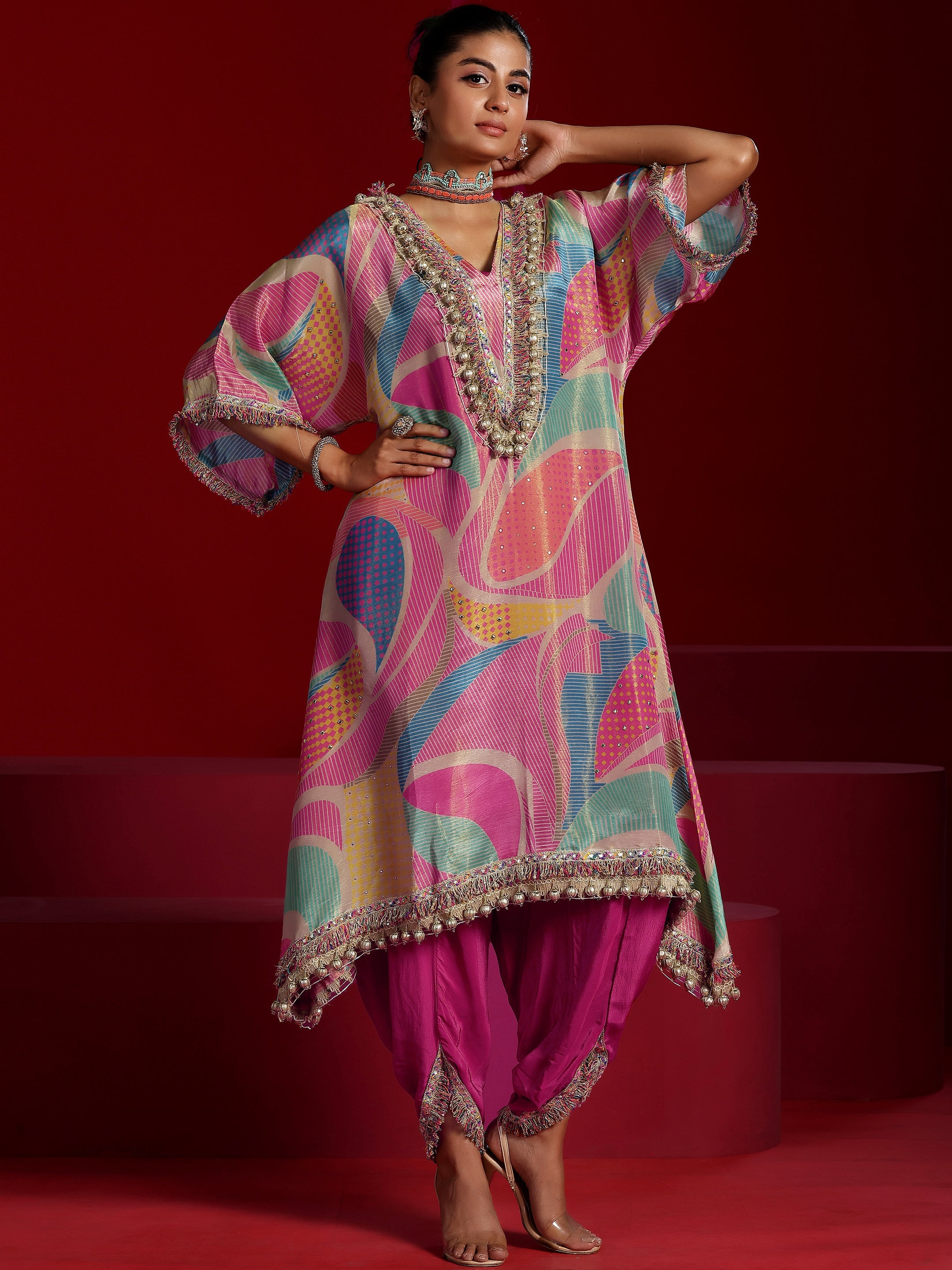 Libas Art Multi Printed Tissue A-Line Kurta With Dhoti Pants