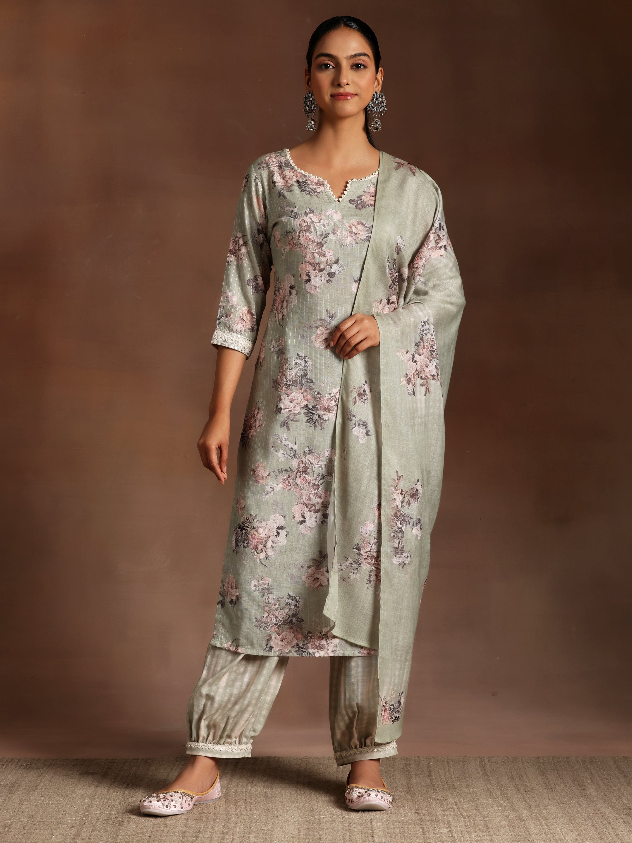 Green Printed Cotton Straight Suit With Dupatta