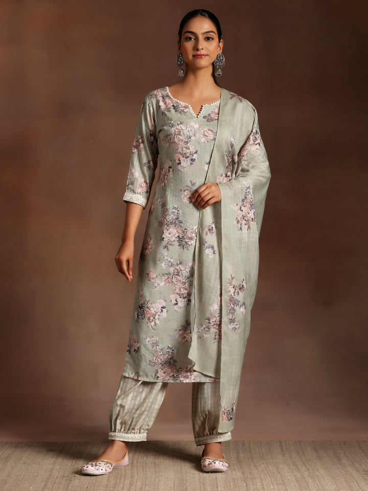 Green Printed Cotton Straight Kurta With Salwar & Dupatta - ShopLibas