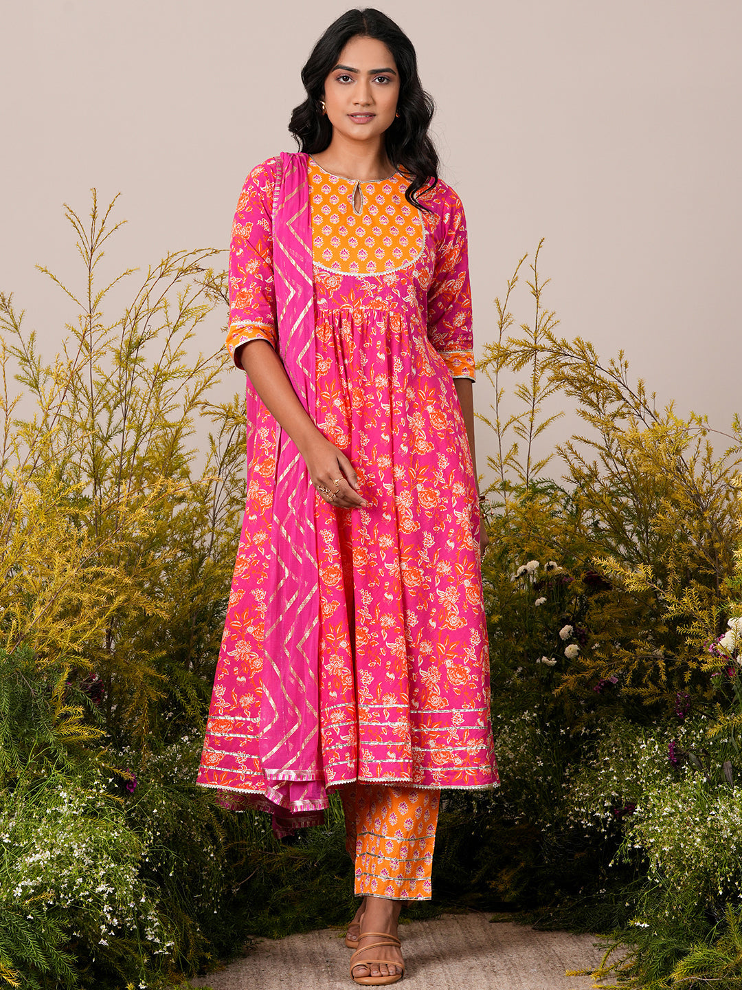 Pink Yoke Design Cotton Anarkali Suit With Dupatta