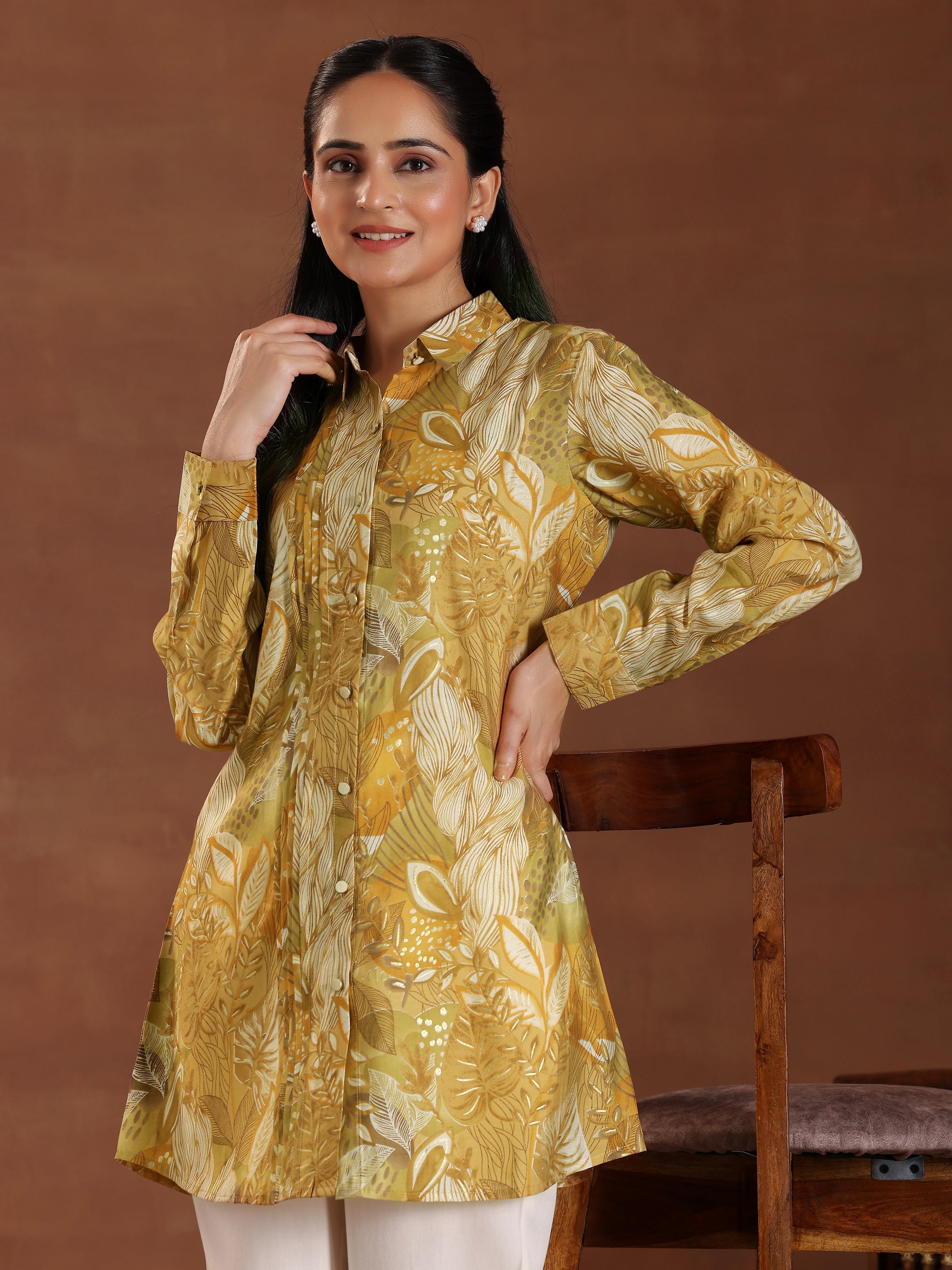 Mustard Printed Silk Blend Straight Kurti