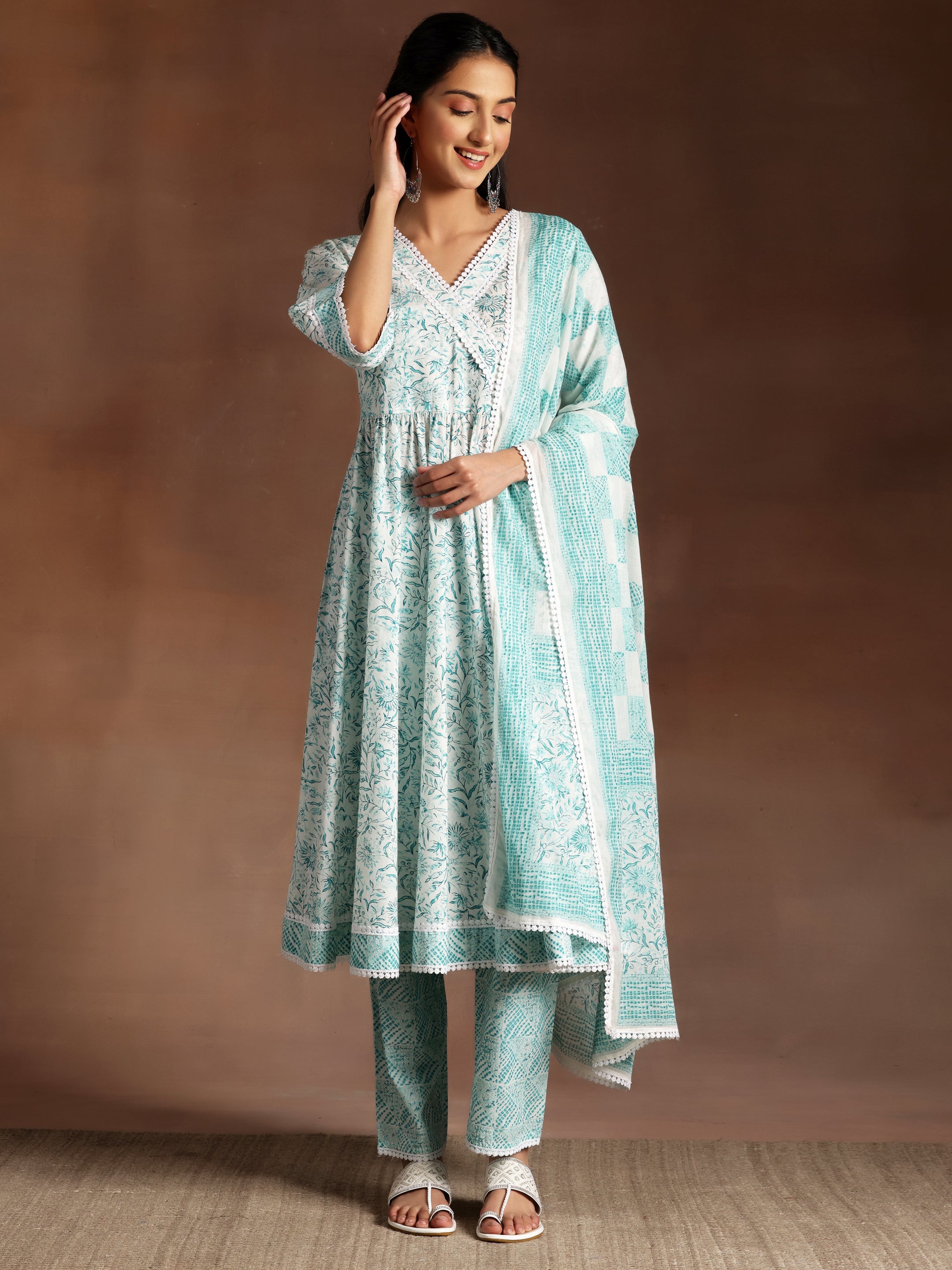 White Printed Cotton A-Line Kurta With Trousers & Dupatta