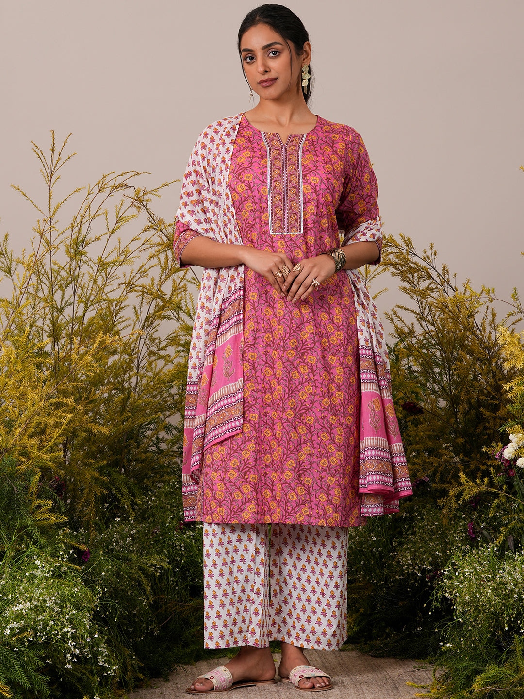 Pink Printed Cotton Straight Suit With Dupatta