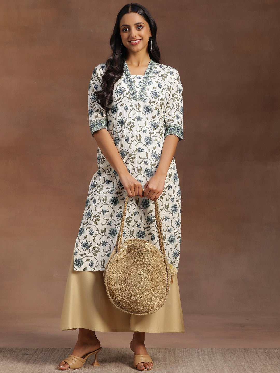 Off White Printed Cotton Straight Kurta - Libas